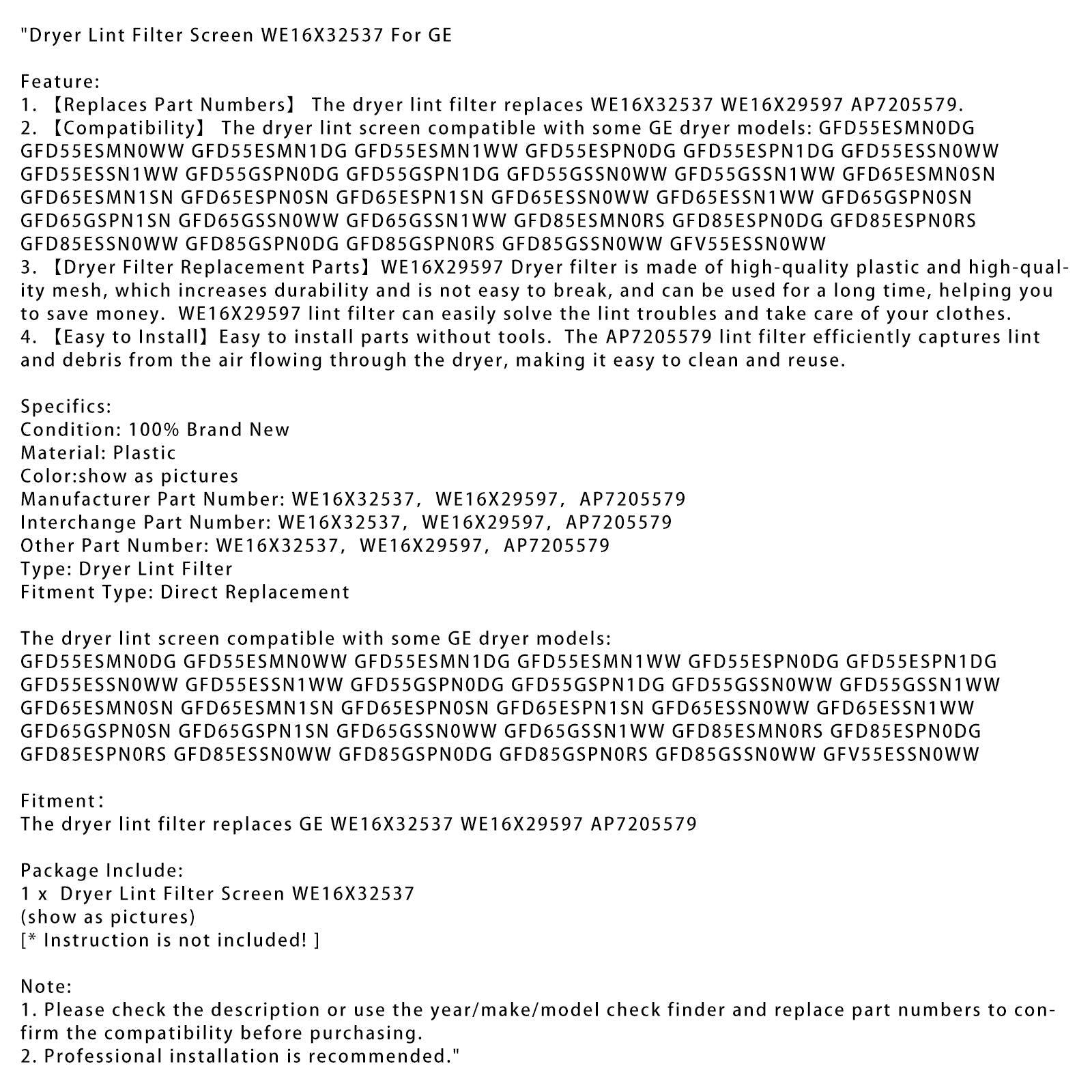 Kuivurin nukkasuodatin WE16X32537 GE:lle