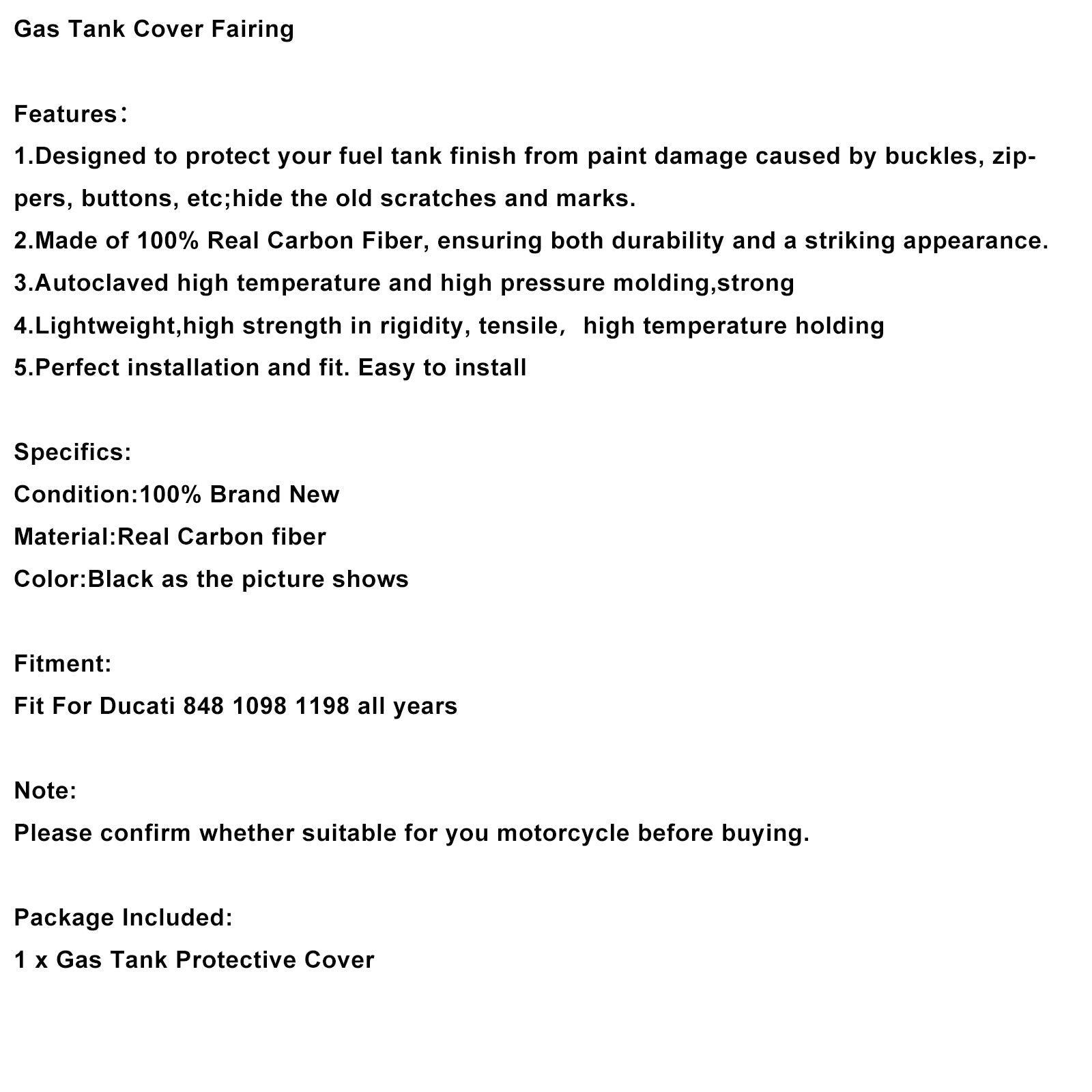 Carena serbatoio in vera fibra di carbonio per Ducati 848, 1098 e 1198 (tutti gli anni).