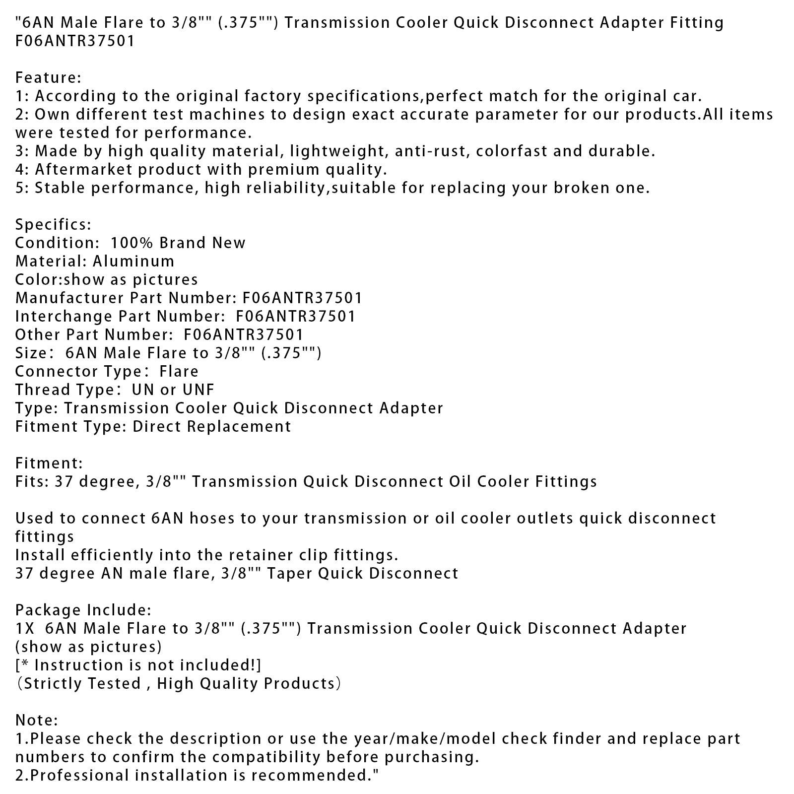 Adaptateur de déconnexion rapide pour refroidisseur de transmission, évasé mâle 6AN vers 3/8"" (0,375"")
