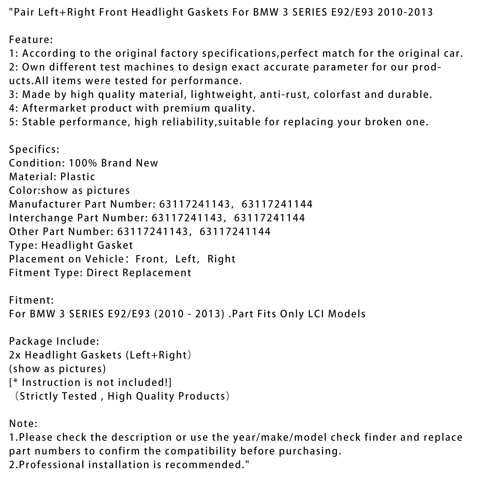 Paire de joints de phares avant pour BMW SÉRIE 3 E92/E93 2010-2013