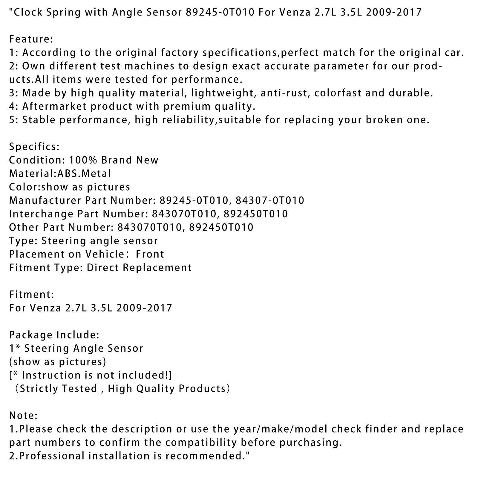 Clock Spring z vogalnim senzorjem za Venzo 2,7 L in 3,5 L 2009-2017 89245-0T010