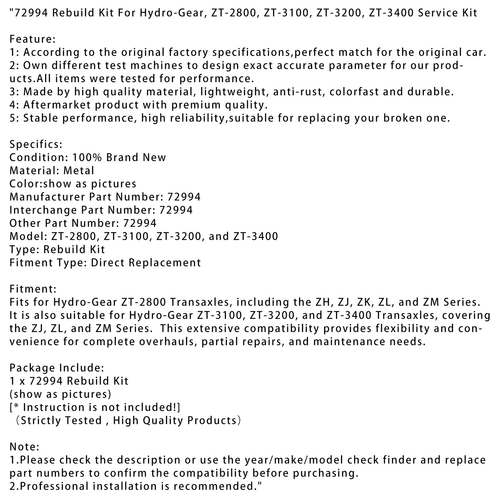 Zestaw rekonstrukcji 72994 dla zestawu do konserwacji wodnych, ZT-2800, ZT-3100, ZT-3200, ZT-3400