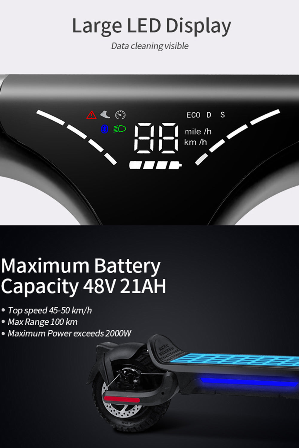 SCOOTER ÉLECTRIQUE 800W PLIANT E-SCOOTER GAMME 50KM 10" HORS ROUTE 15AH 45KM/H