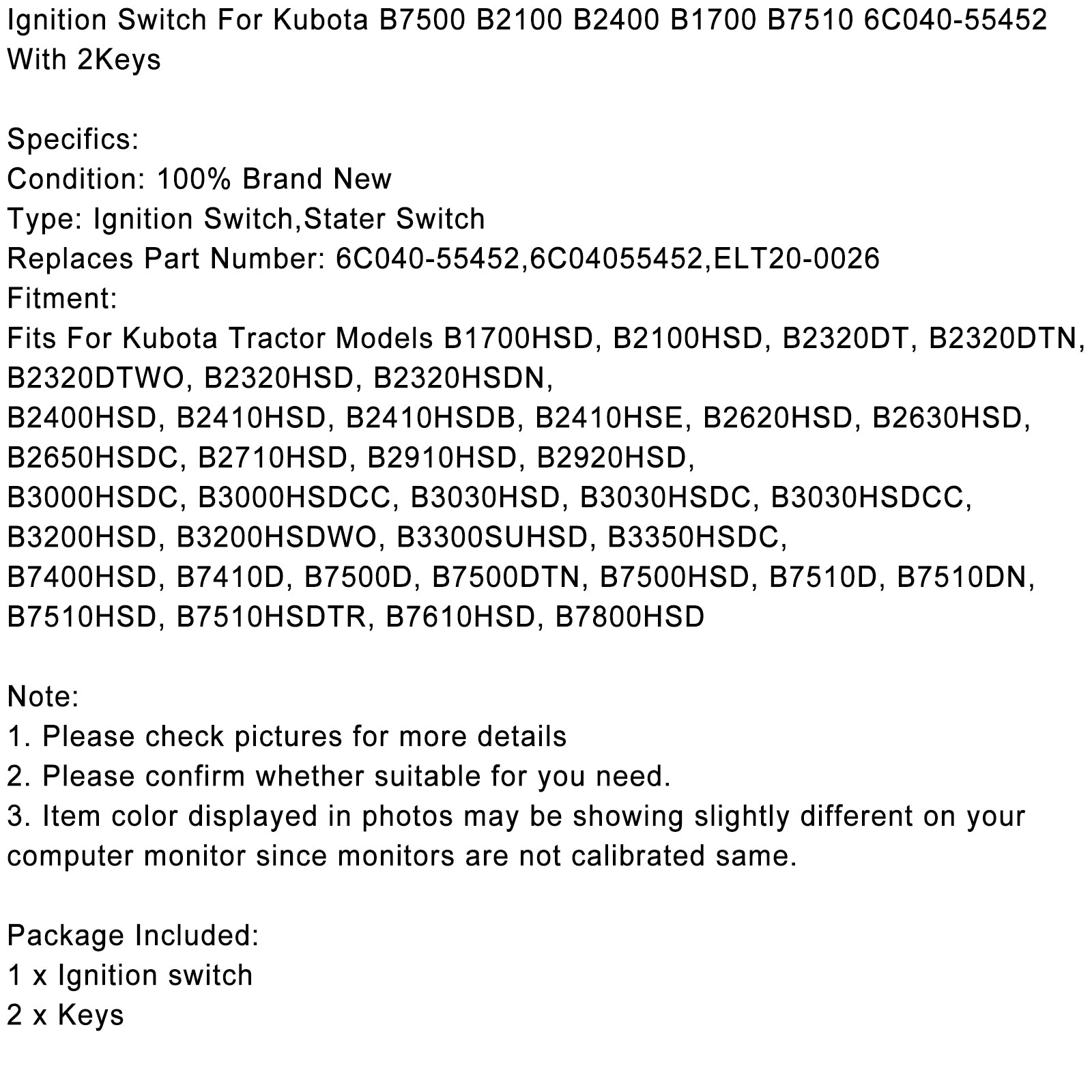 Contactslot Met Sleutels Voor Kubota B2400 B2100 B7500 6C040-55452