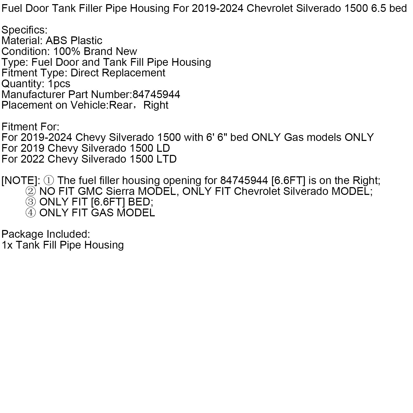 Ohišje cevi za polnjenje rezervoarja za gorivo 84745944 za Chevy Silverado 1500 6,6 ft 19-24