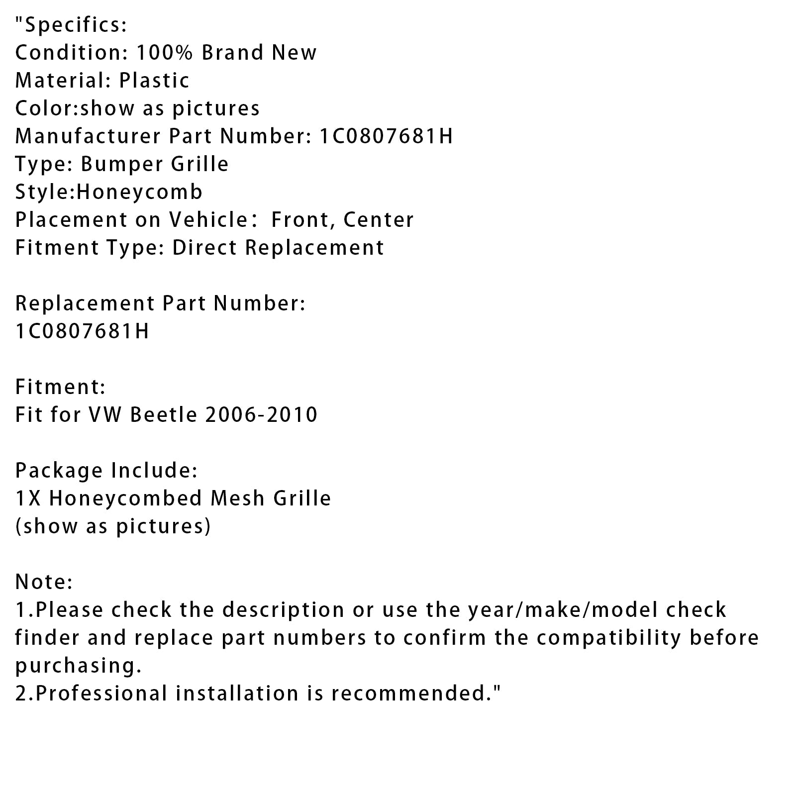 Griglia a nido d'ape centrale per paraurti anteriore inferiore del Beetle VW 2006-2010