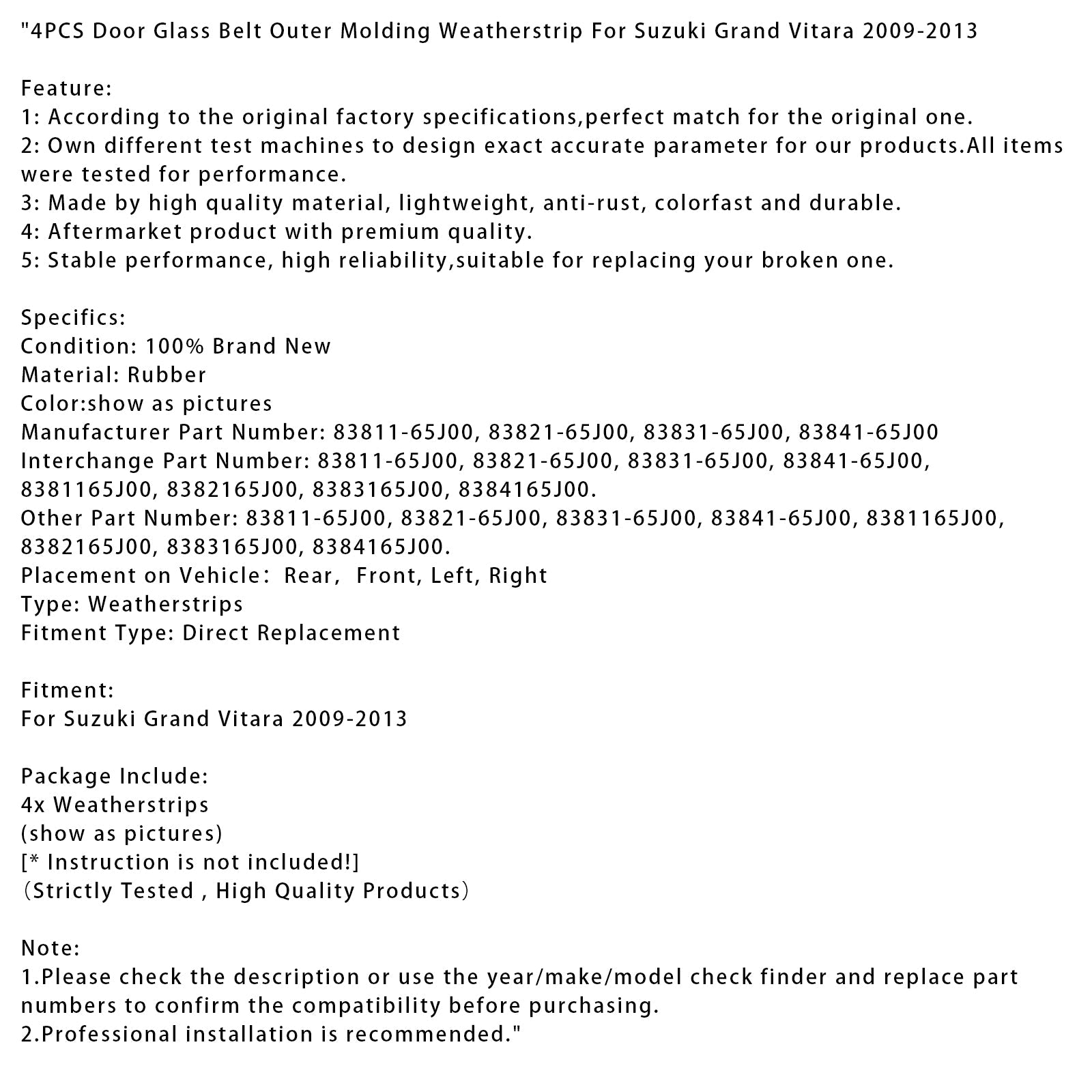 Tolpa&Zunanja tesnilna letev za steklene vratne obloge na Suzuki Grand Vitara 2009-2013 (4 kosi)