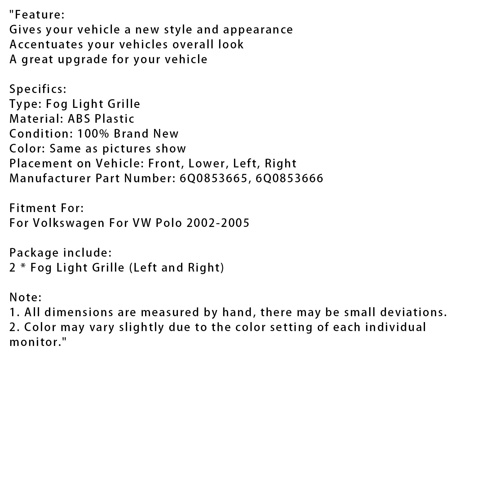 Griglia protettiva inferiore per le luci della nebbia anteriore prima della Volkswagen VW Polo 2002-2005, 2 camere