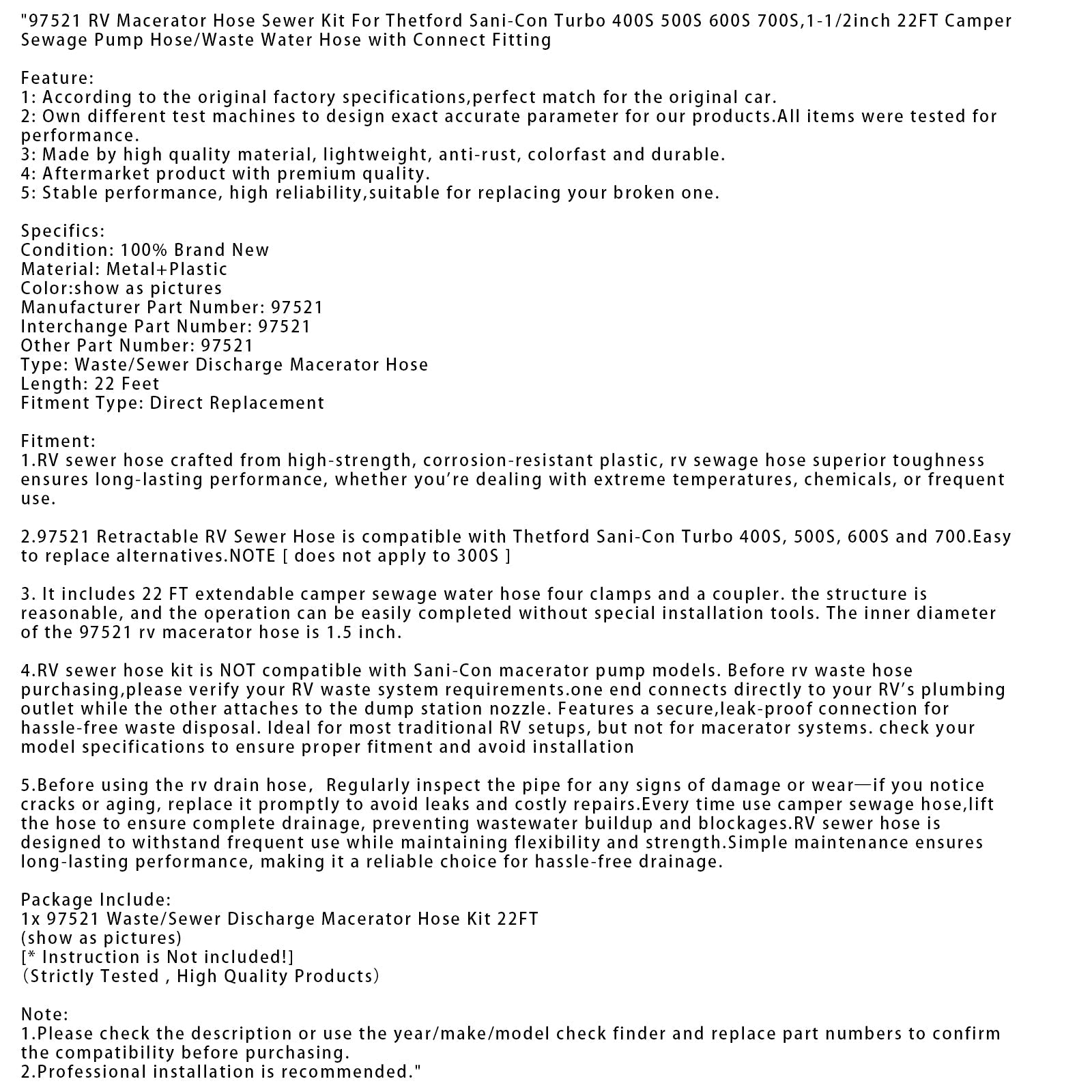 Odtočna cev za avtodome 97521, za kanalizacijo Thetford Sani-Con Turbo 400S, 1-1/2 in, 22 ft