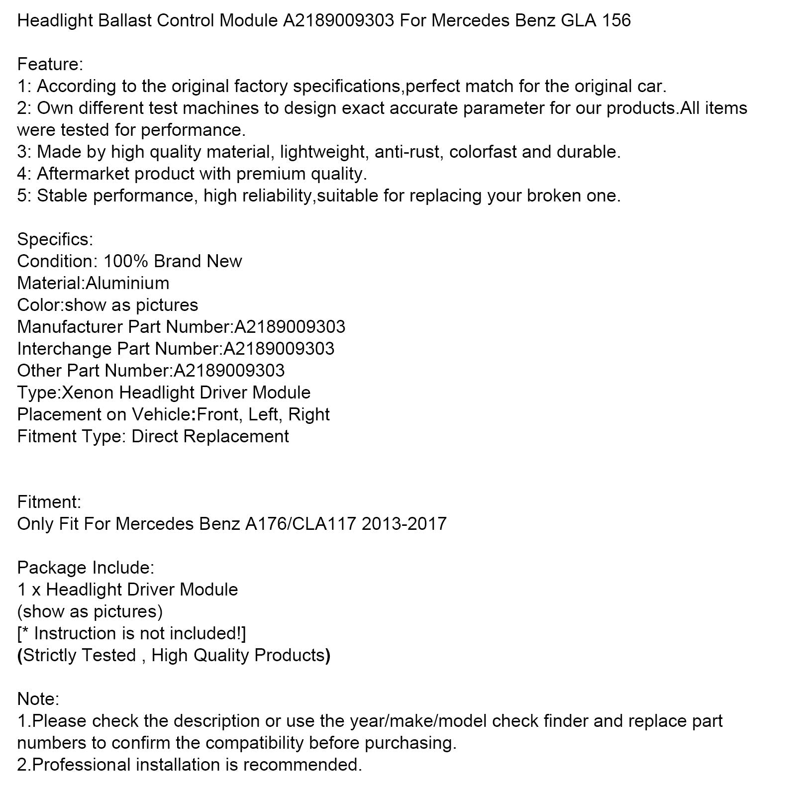 Modulo di controllo della zavorra dei fari Mercedes-Benz A176/CLA117 (2013-2017) A2189009303