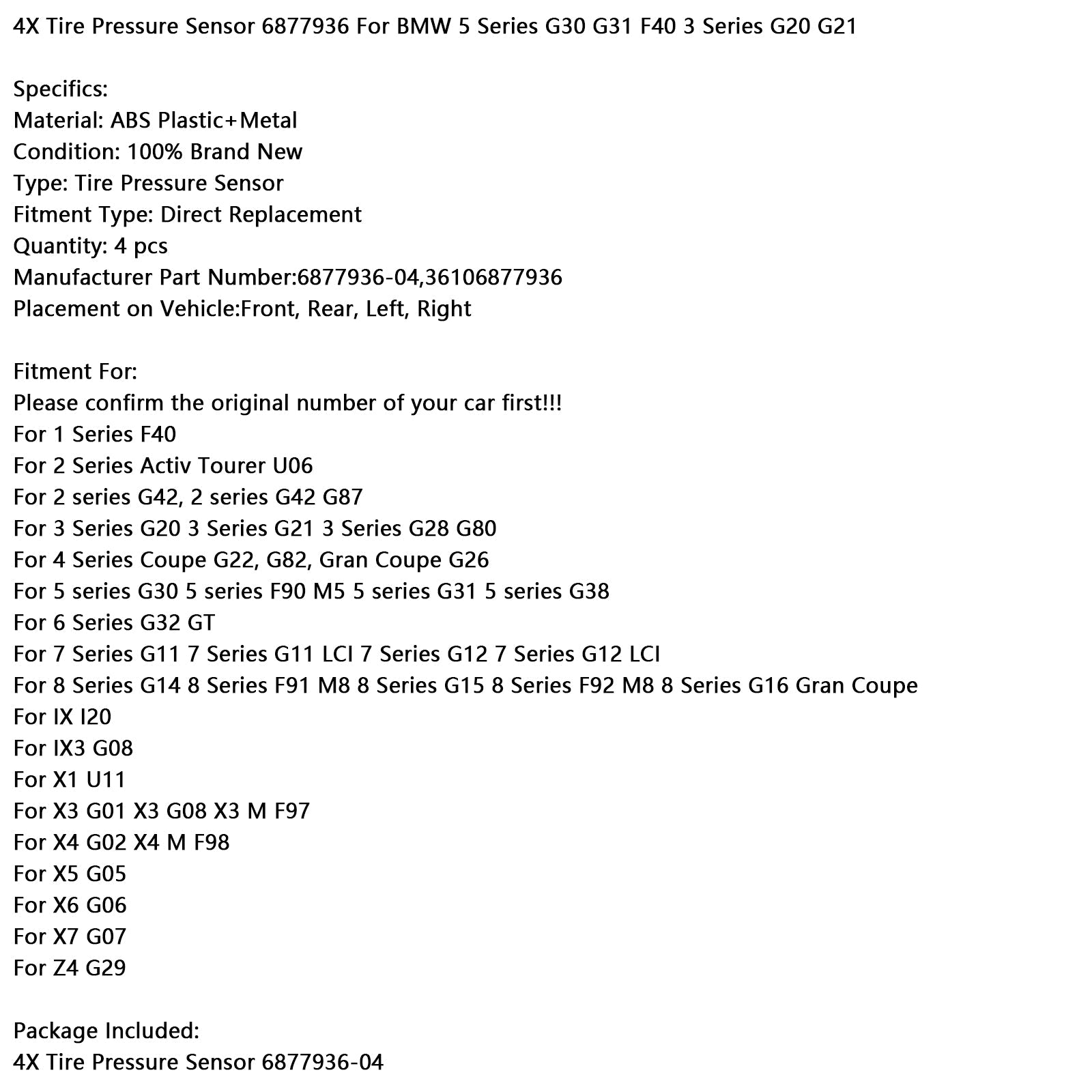 Capteur de pression des pneus 4X 6877936 pour BMW Série 5 G30 G31 F40 Série 3 G20 G21