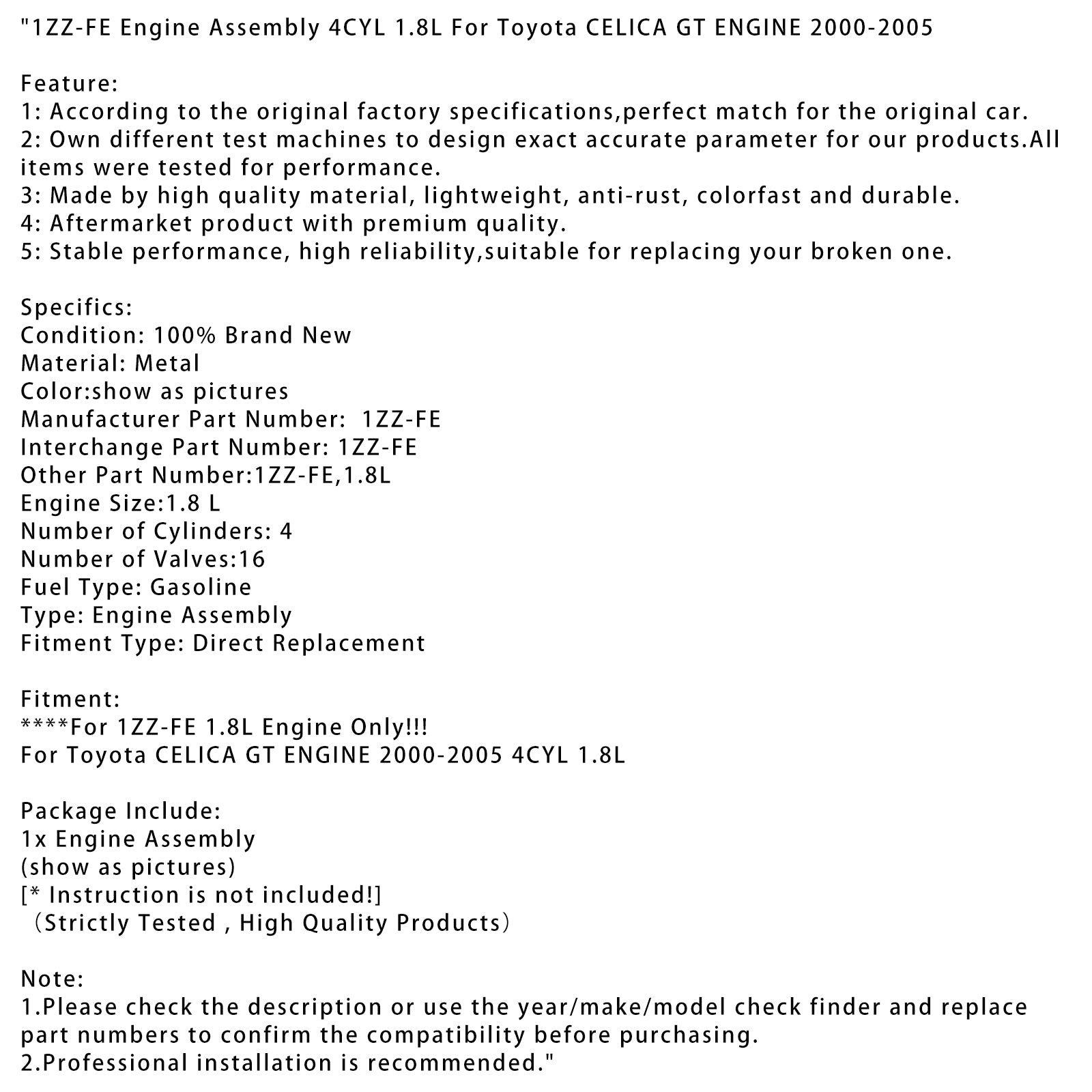 Toyota Celica GT 2000-2005 Silnik 1Z-FE 4-cylindrowy zespół silnika 1,8 l