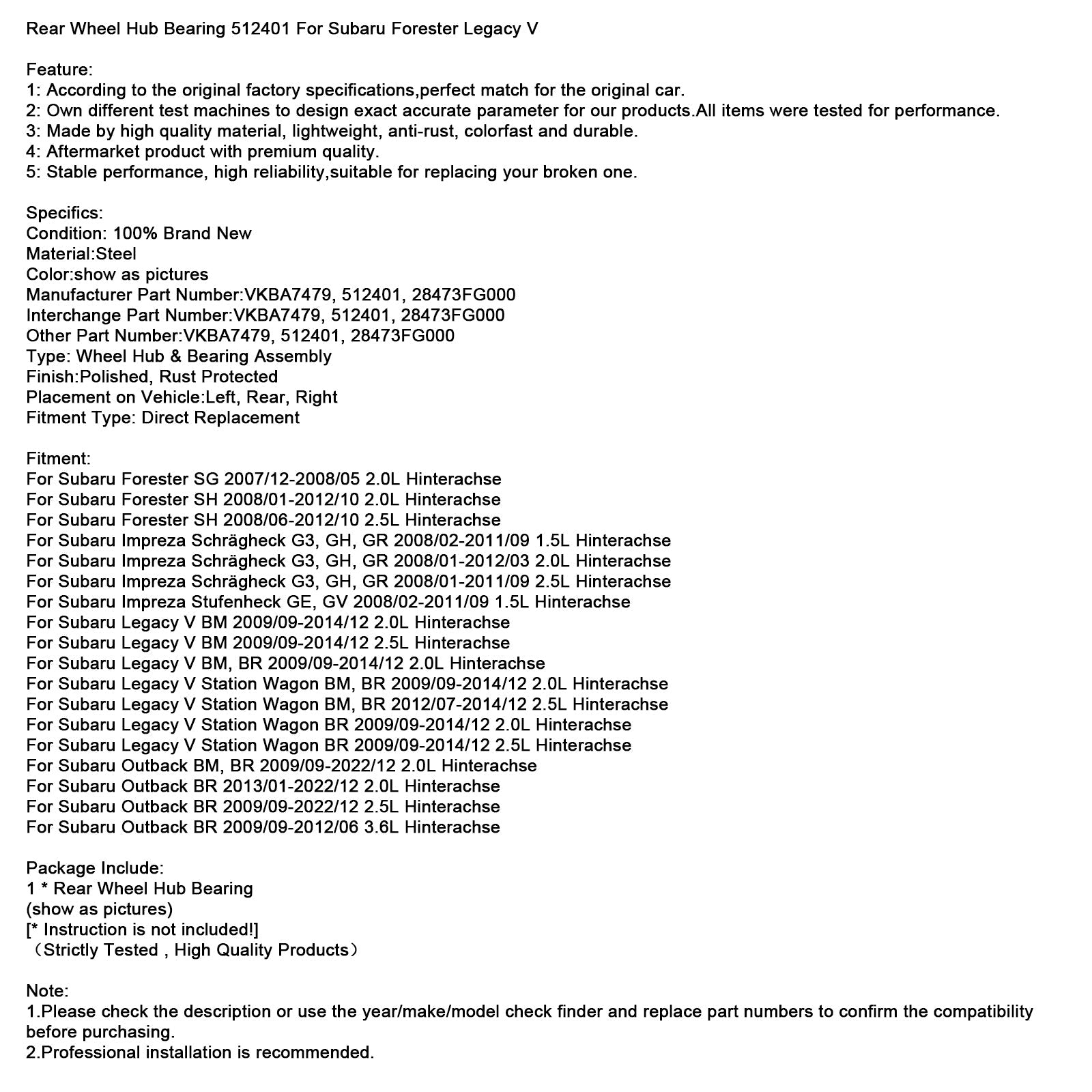 Roulement de moyeu de roue arrière 512401 pour Subaru Forester SG 2.0L (2007/12-2008/05)