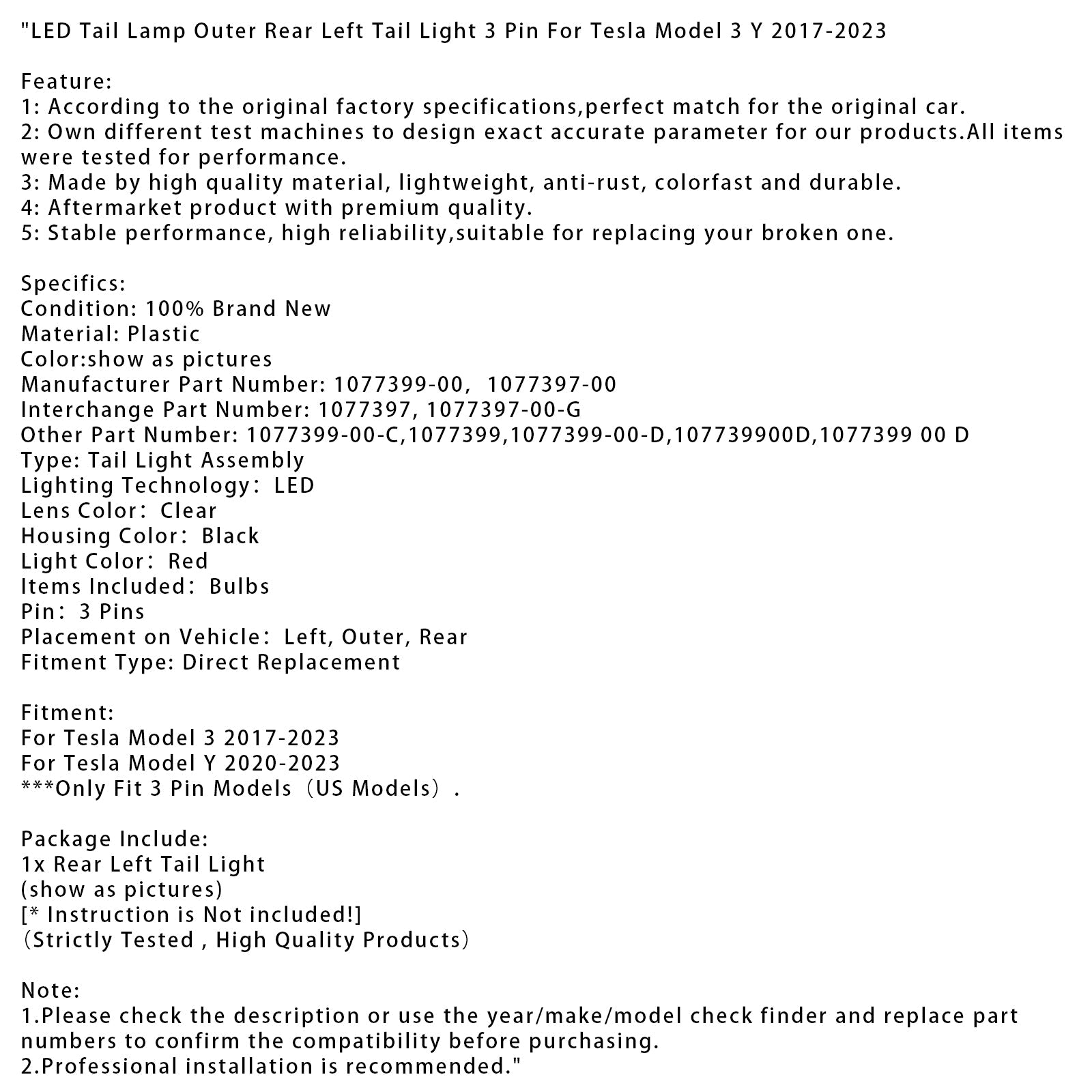 3-pinska zunanja leva LED zadnja luč za Tesla Model 3 Y 2017-2023