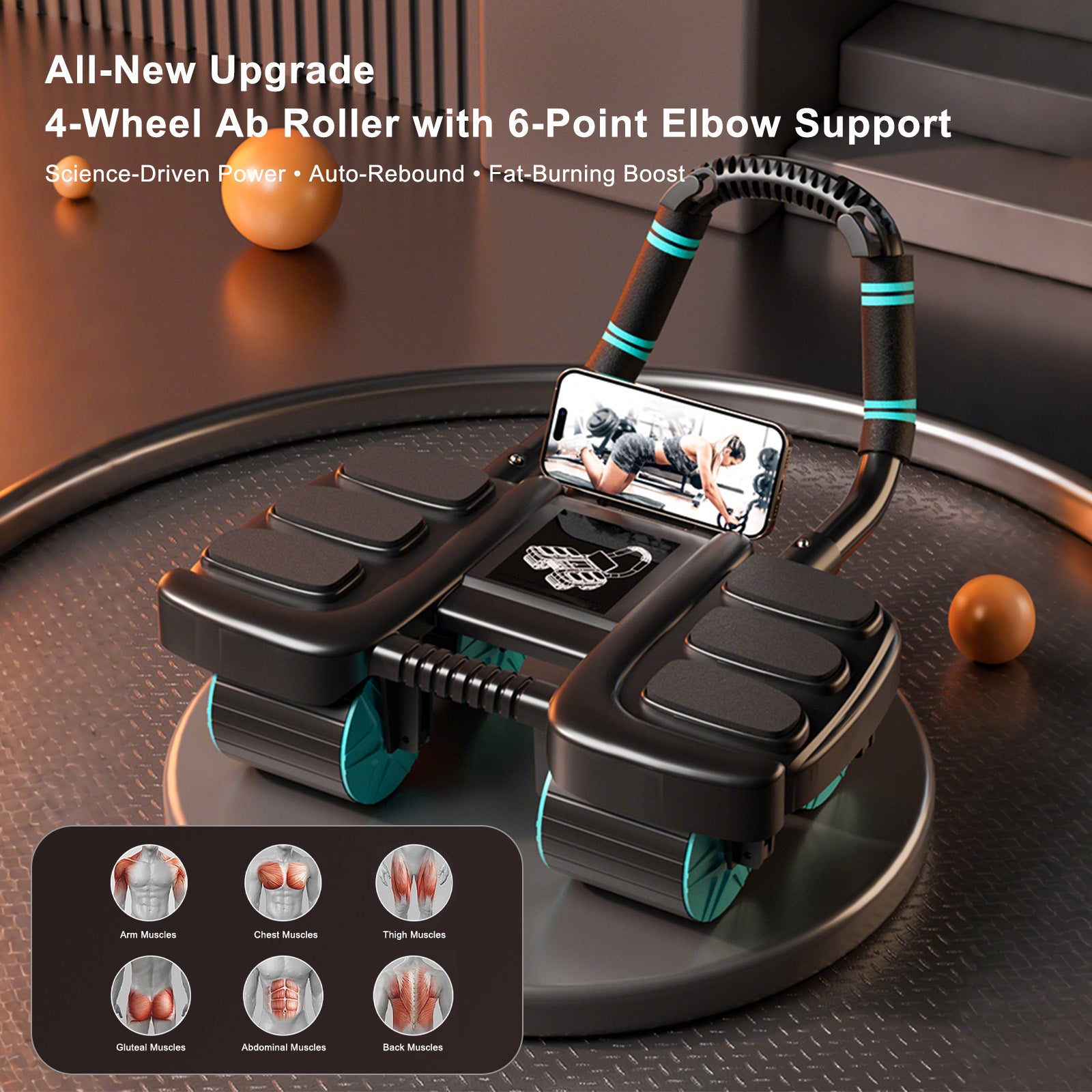 Roue abdominale noire à rebond automatique et support coudé portable pour gymnastique à domicile – Stabilité à 4 roues avec chronomètre, entraîneur de gainage parfait pour hommes et femmes