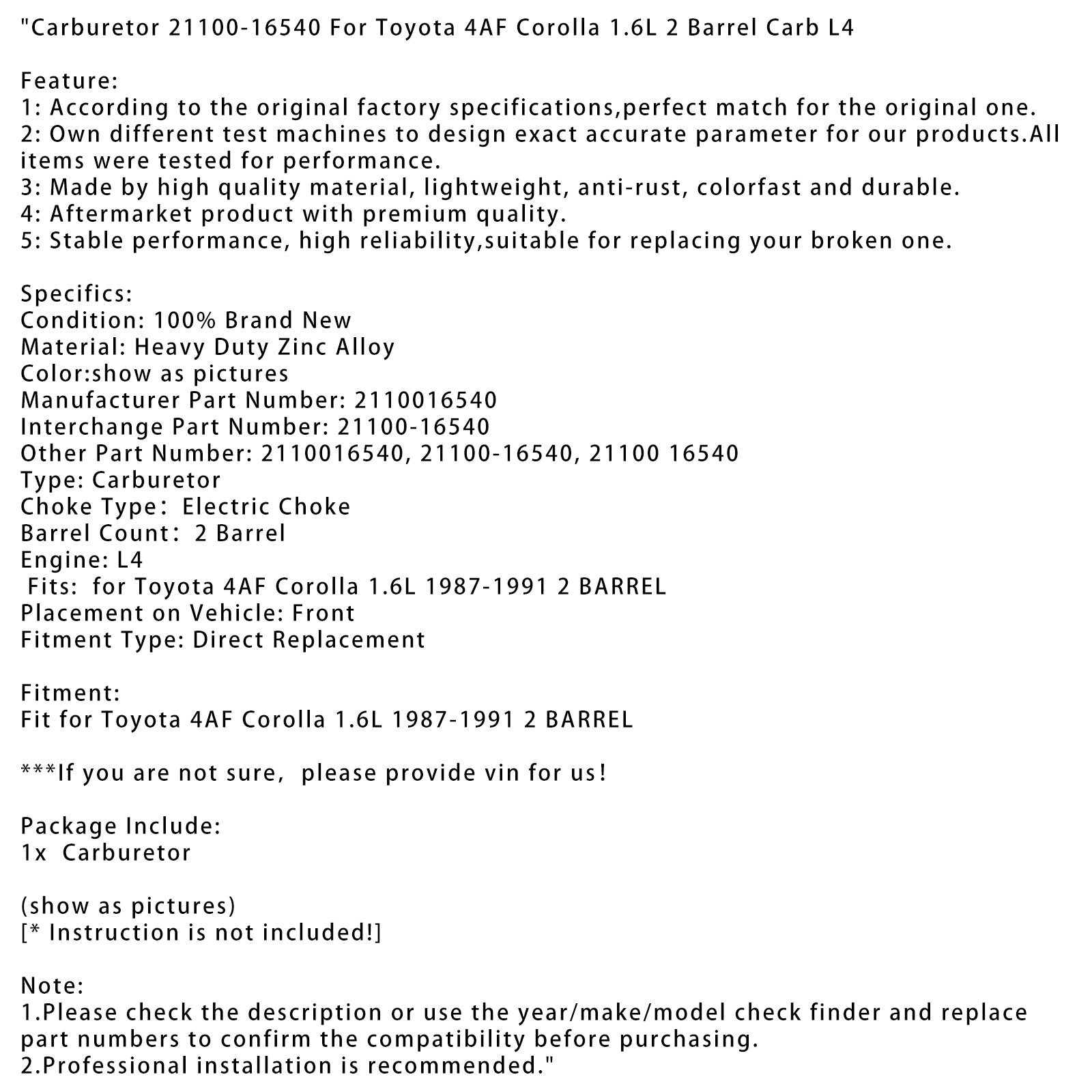 Carburatore 21100-16540 per Toyota Corolla 4AF 1.6L 1987-1991