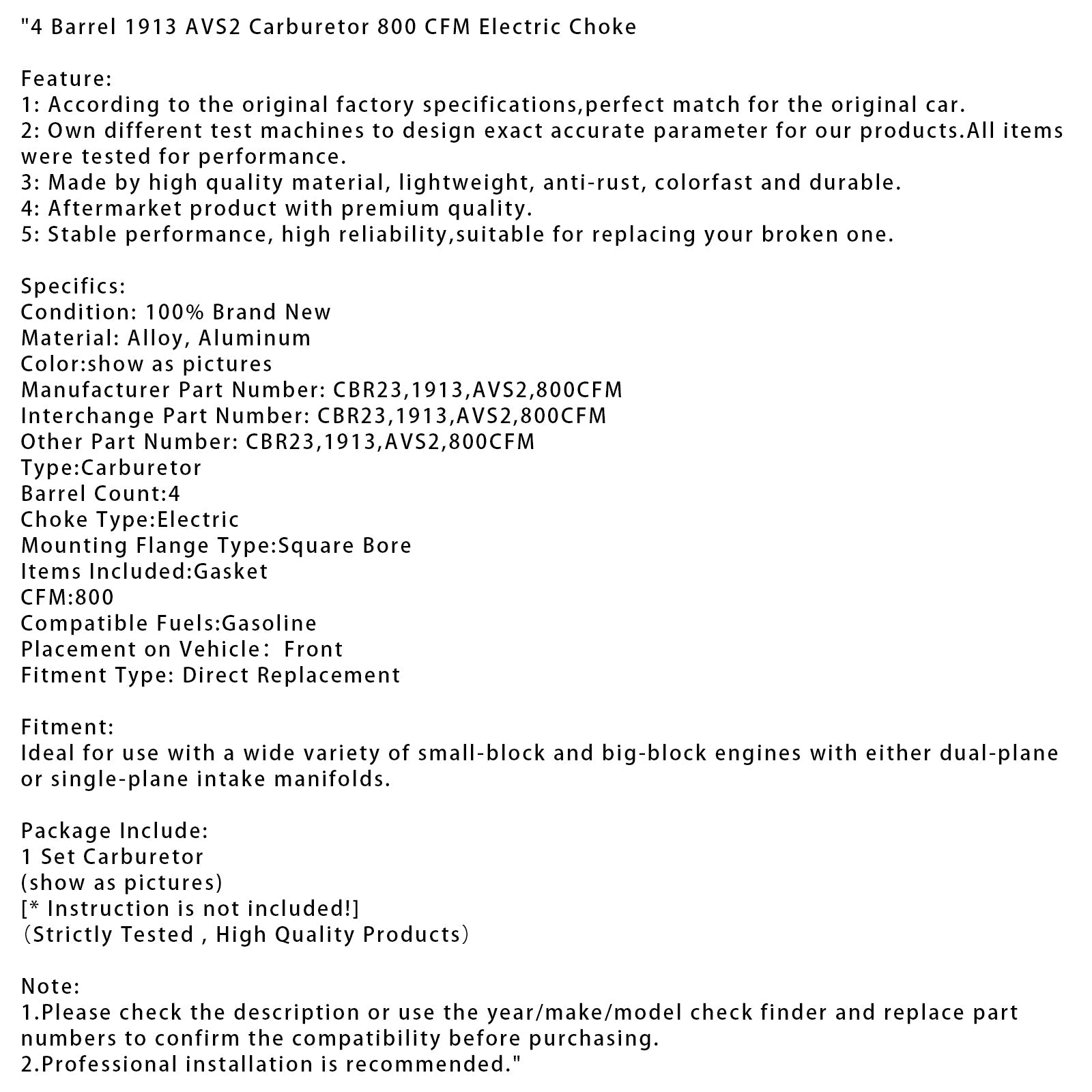 4 Body Carburetor 1913 AVS2 800 CFM Elektrische starter CBR23 1913 AVS2 800 CFM