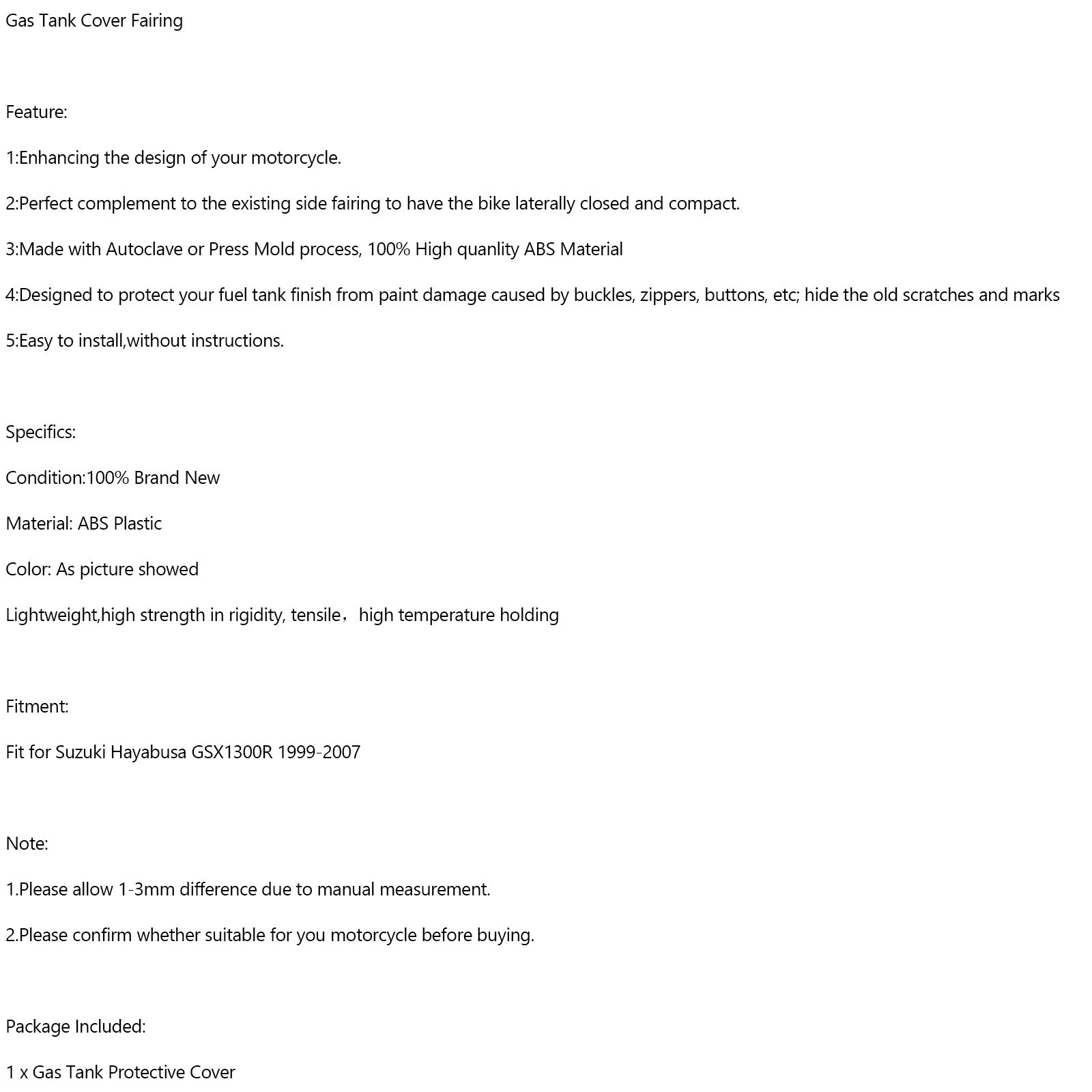 1999-2007 Suzuki Hayabusa GSX1300R carbone Protecteur de carénage de couverture de réservoir de gaz