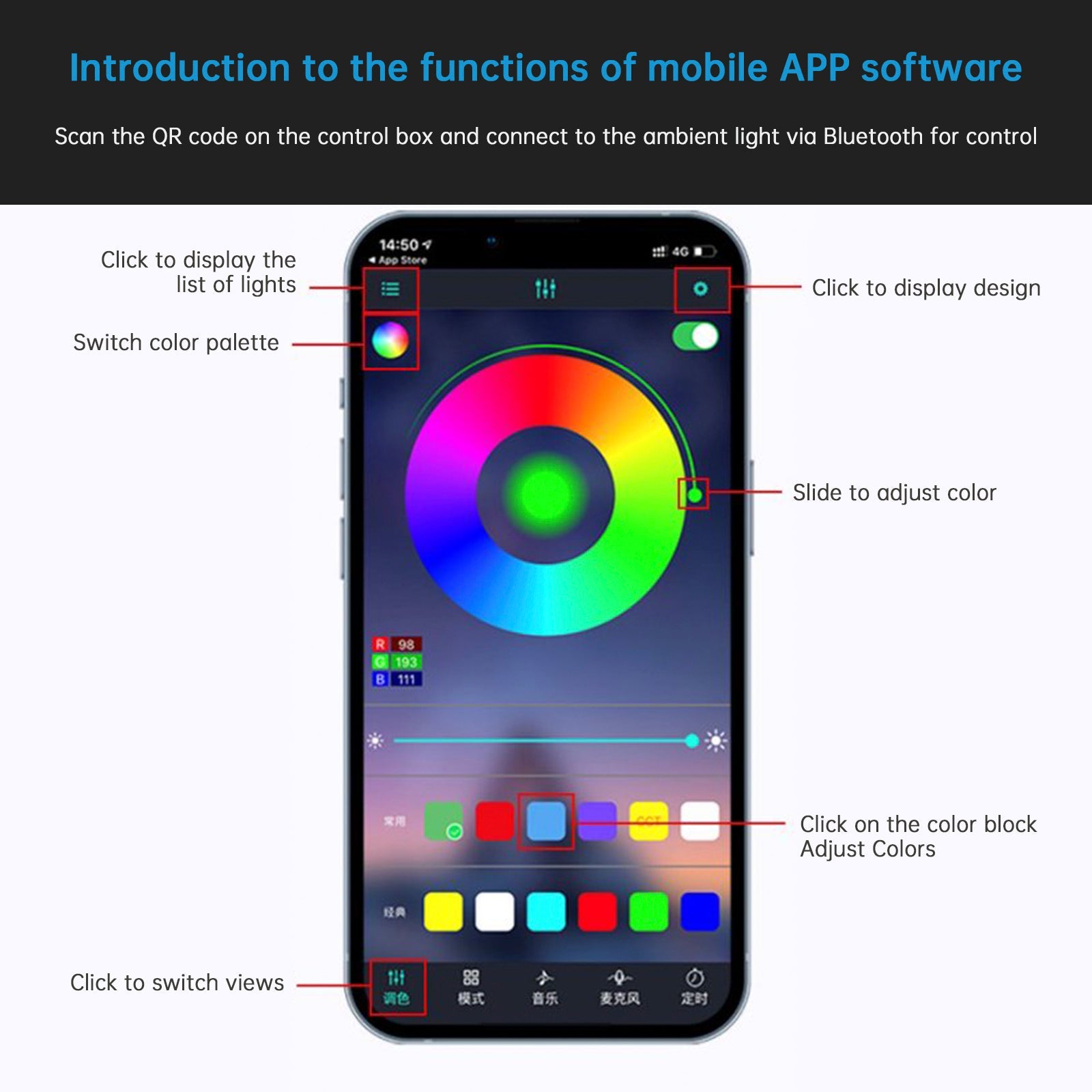 LED de luz decorativa LED colorido en el control central, 110 cm + 35 cm