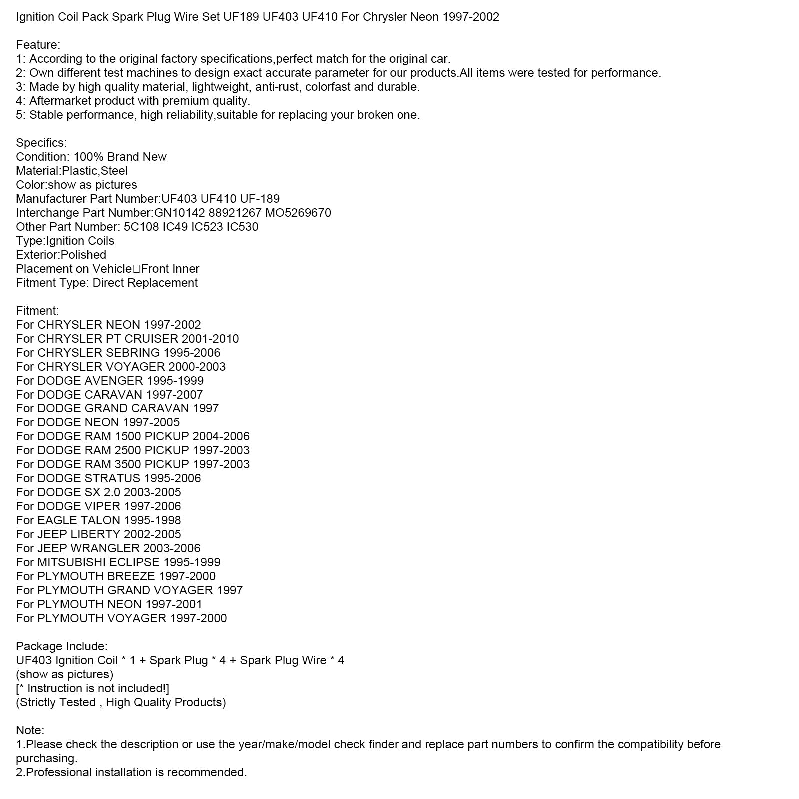Bobina di accensione e gruppo cavo candela per Plymouth Voyager 1997-2000 (UF189, UF403, UF410)