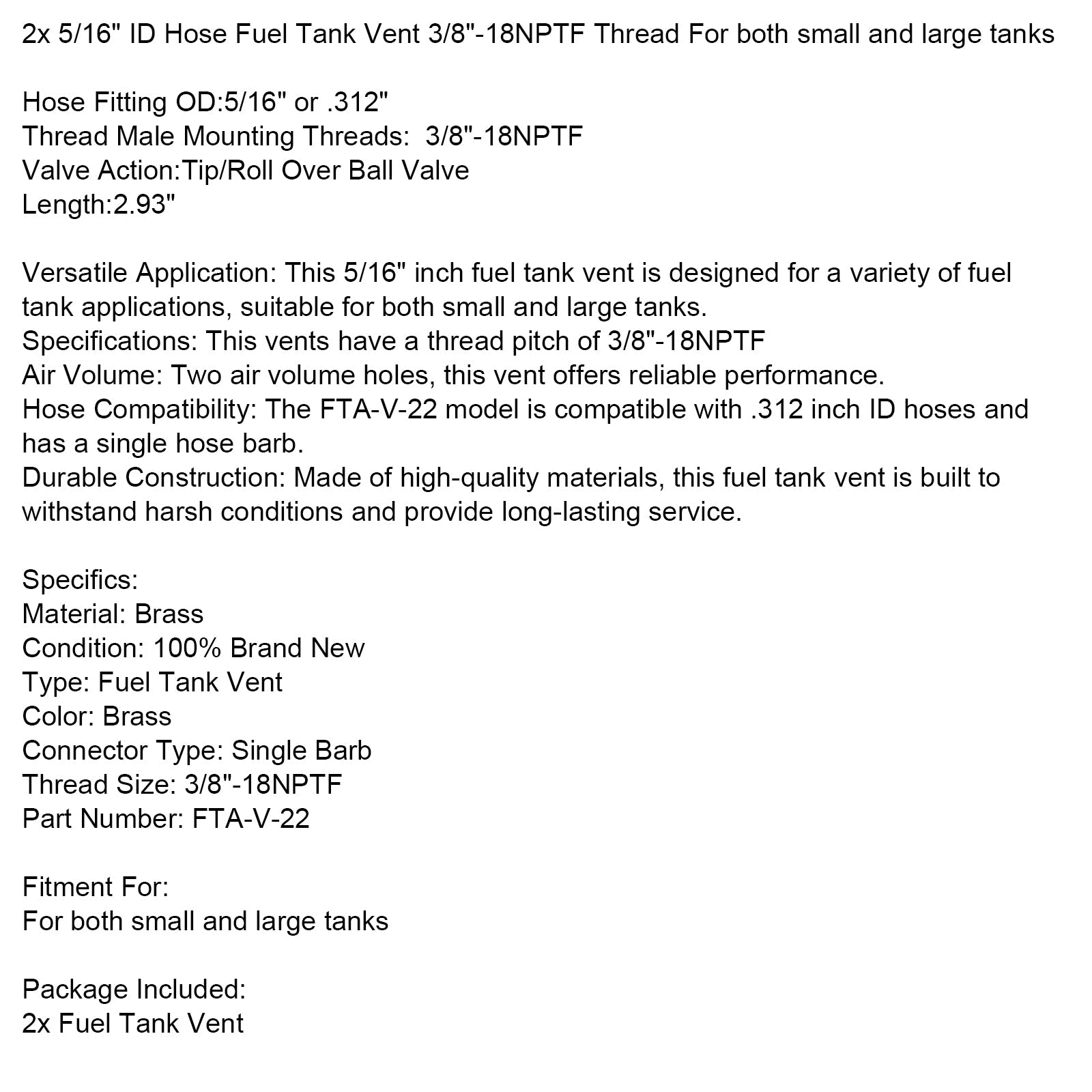 2 tuyaux de 5/16"" de diamètre intérieur pour évent de réservoir de carburant, filetage 3/8""-18NPTF pour petits et grands réservoirs