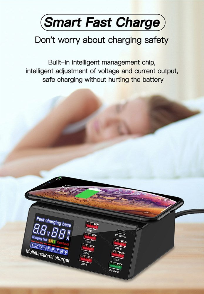 100W 8 puertos USB QC3.0 cargador rápido PD estación de carga inalámbrica enchufe de la UE