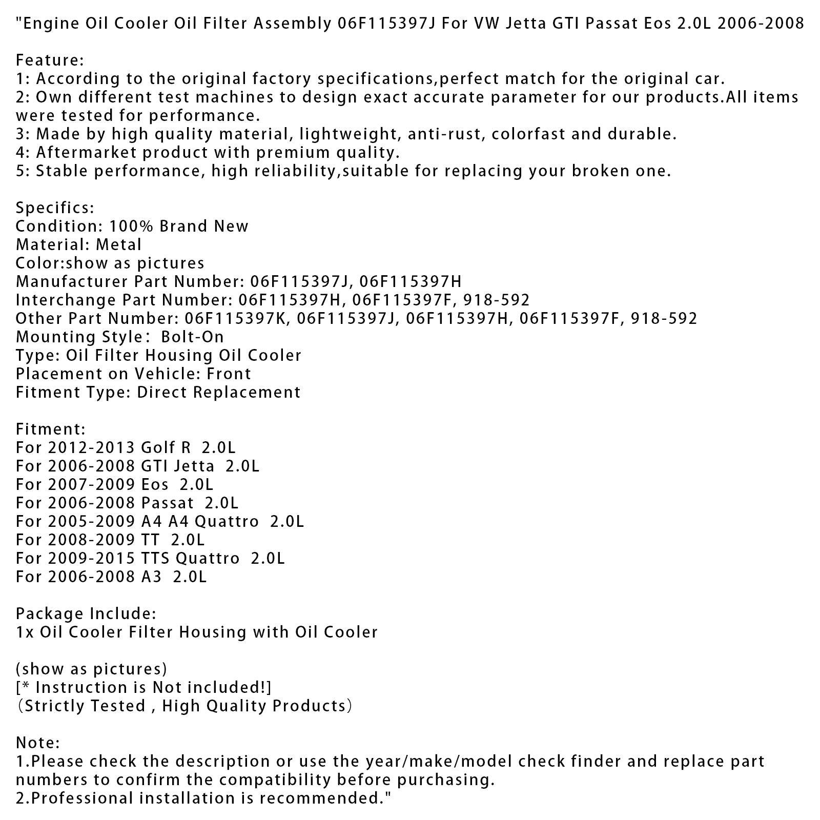 Ensemble de filtre à huile pour refroidisseur d'huile moteur GTI Jetta 2.0L 2006-2008 06F115397J 06F115397H 918-592