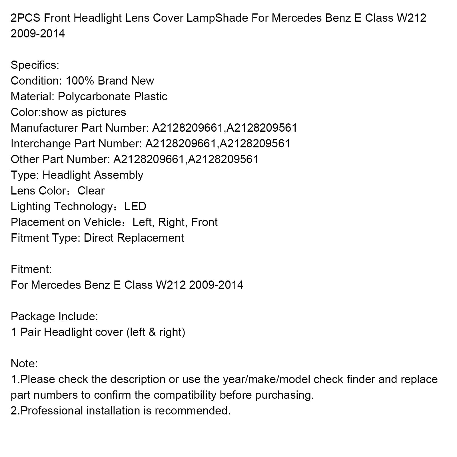 Juego de 2 tapas transparentes para faros delanteros Mercedes Benz Clase E W212 2009-2014 A2128209661