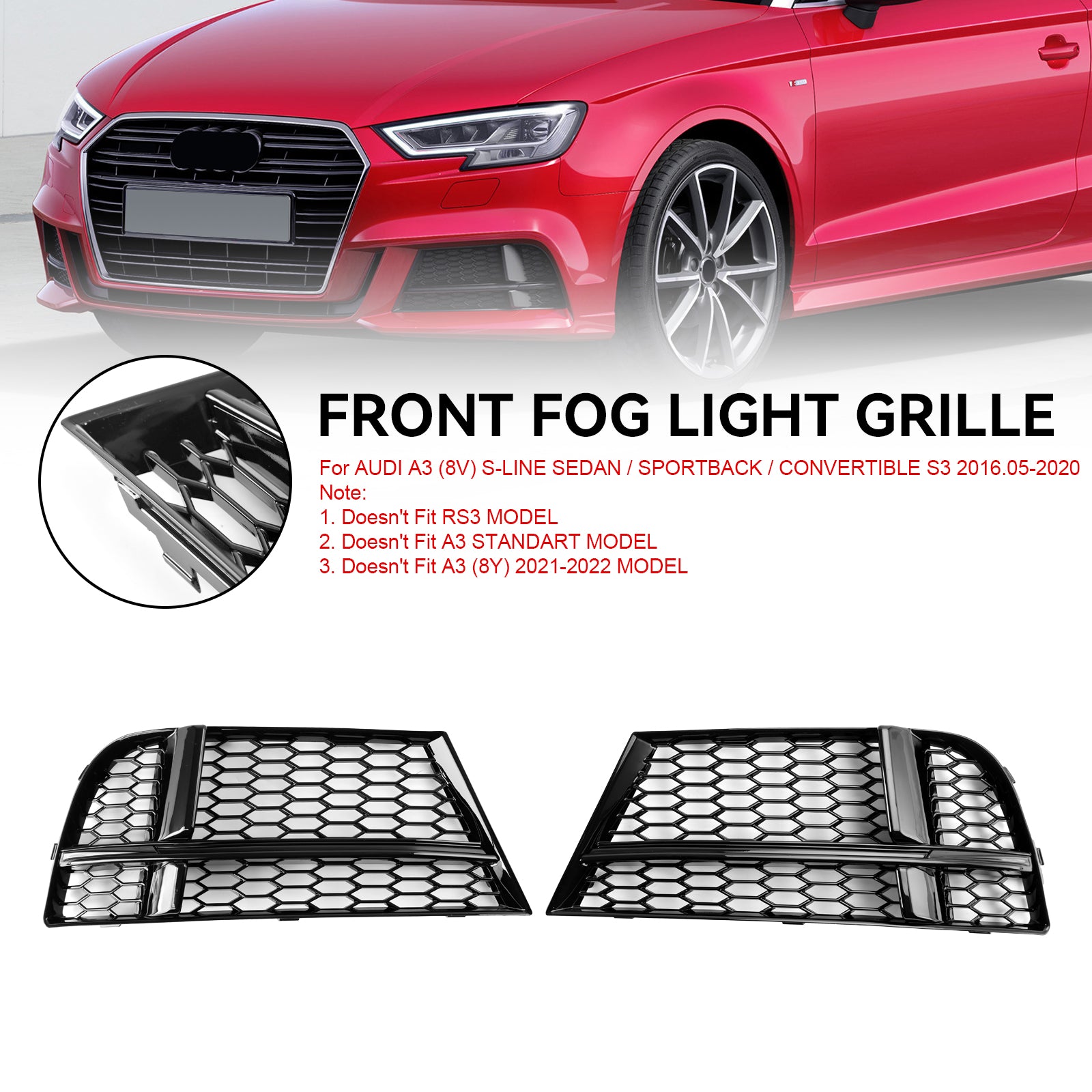 2017-2019 AUDI A3 8V S-LINE SEDAN / SPORTBACK / CONVERTIBLE S3 Couvercle de phare antibrouillard avant Grille de calandre