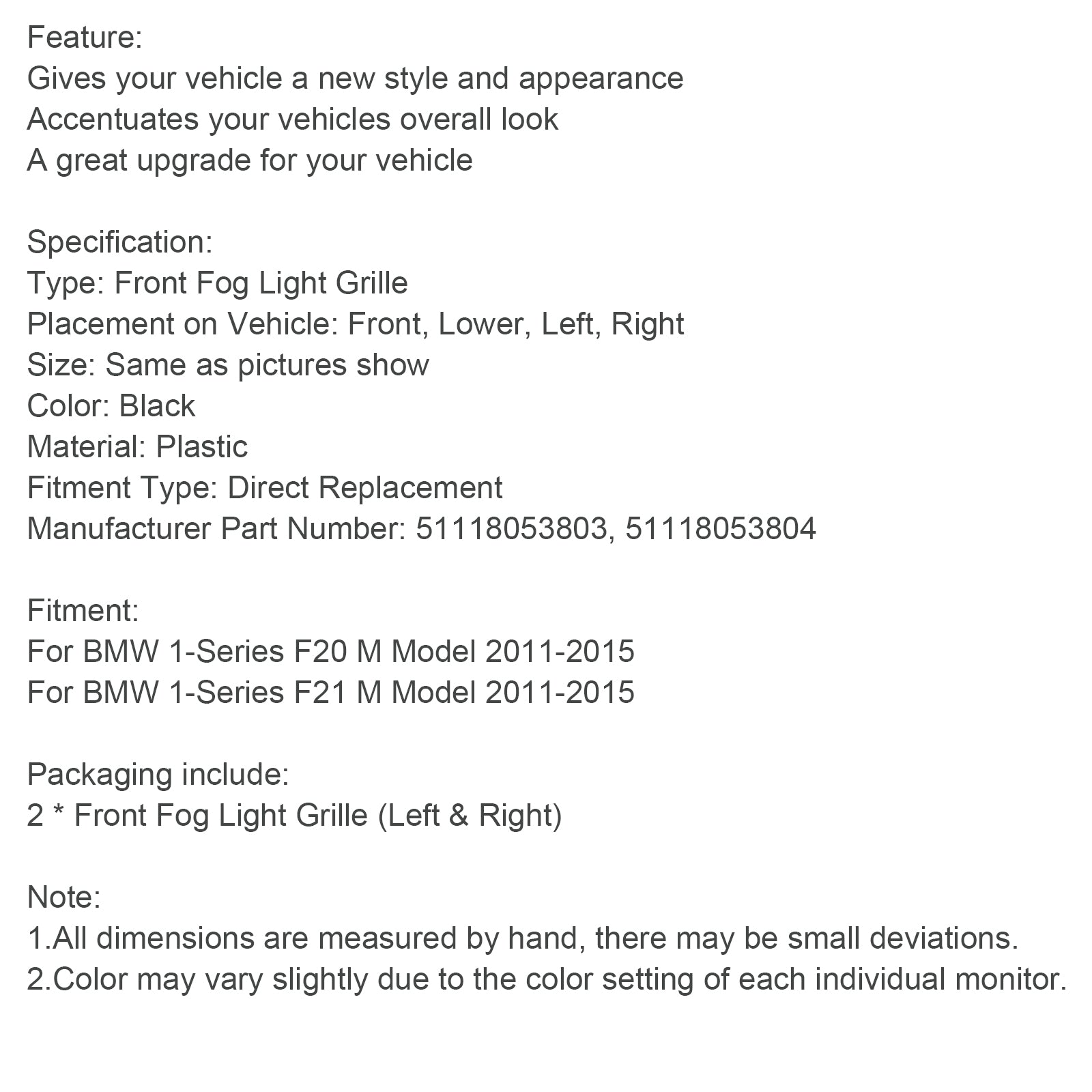 2 pezzi paraurti anteriore fendinebbia copertura lunetta griglia griglia per BMW F20 F21 2011-2015 M