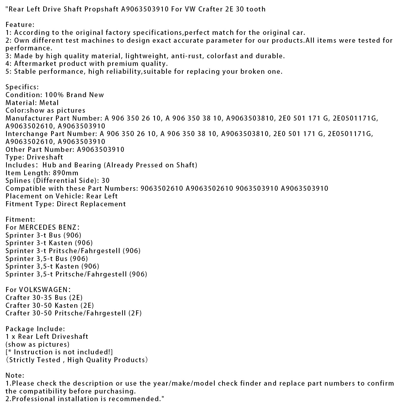 Volkswagen Crafter 30-50 Kasten (2do) 9063502610 Árbol de transmisión trasera (2º)