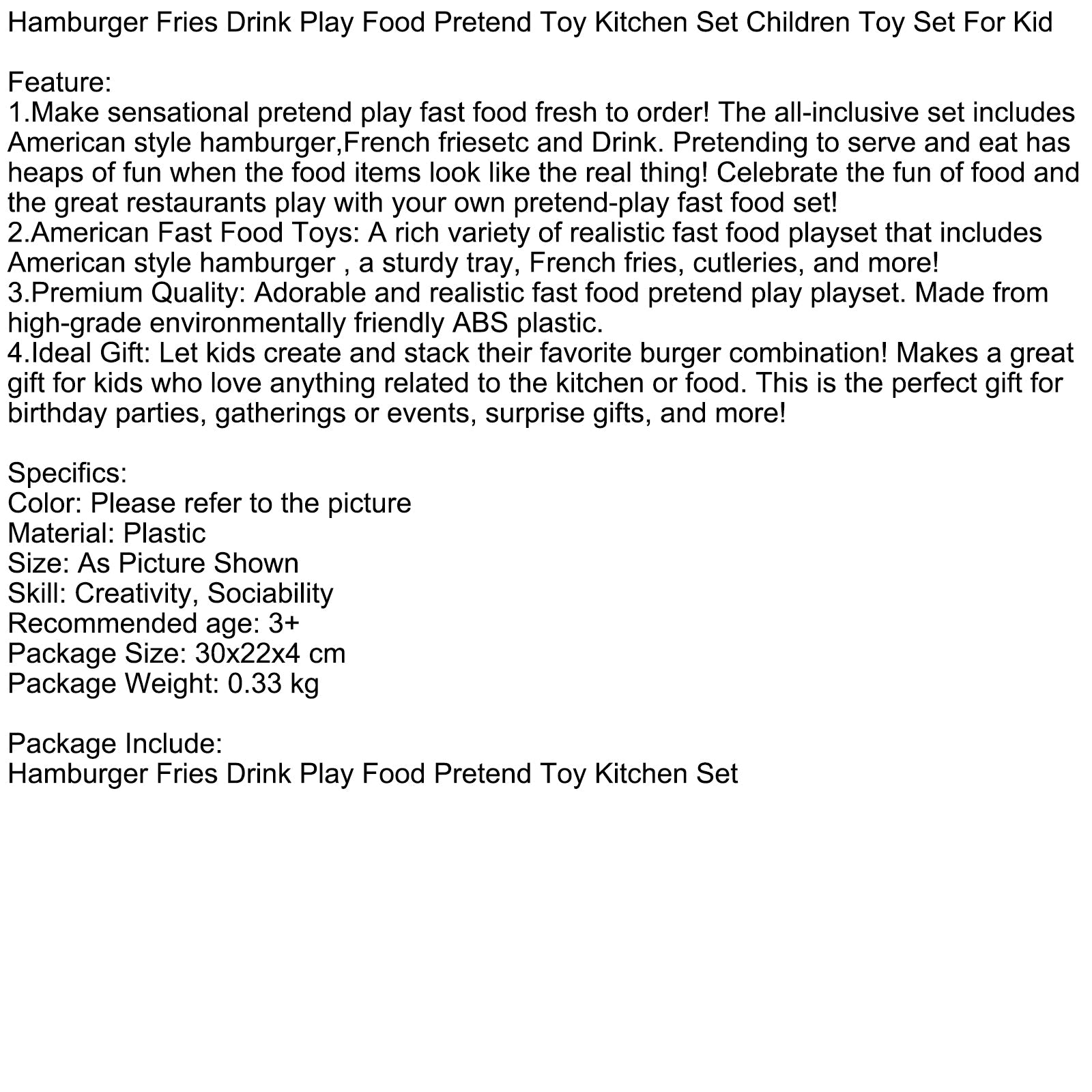 Hamburger Gaufres Frites Boisson Jouer Nourriture Jouet de Simulation Ensemble de Cuisine Ensemble de Jouets pour Enfants