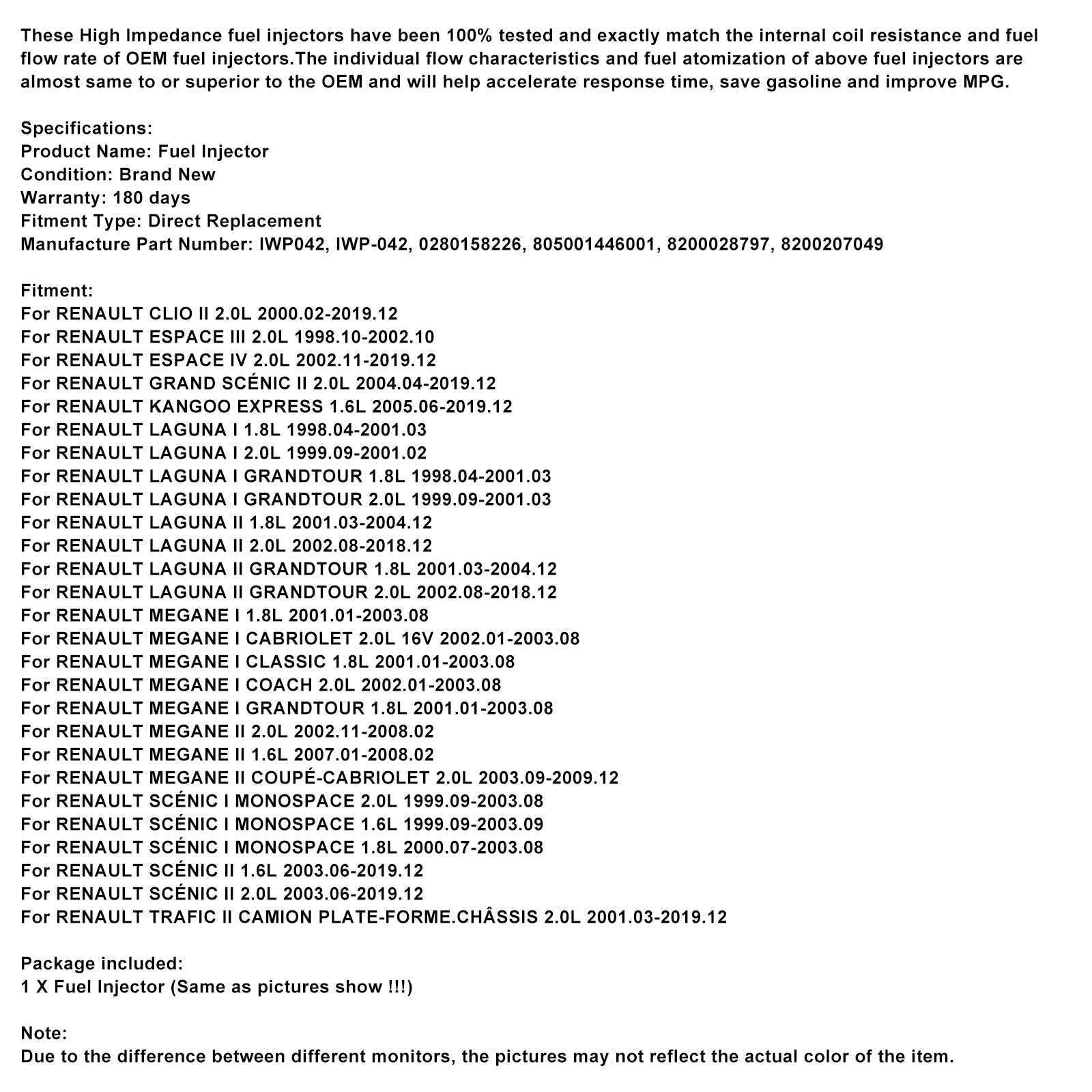 IWP042 Iniettore di carburante, 1 pezzo, per Renault Clio Espace Kangoo Laguna Megane