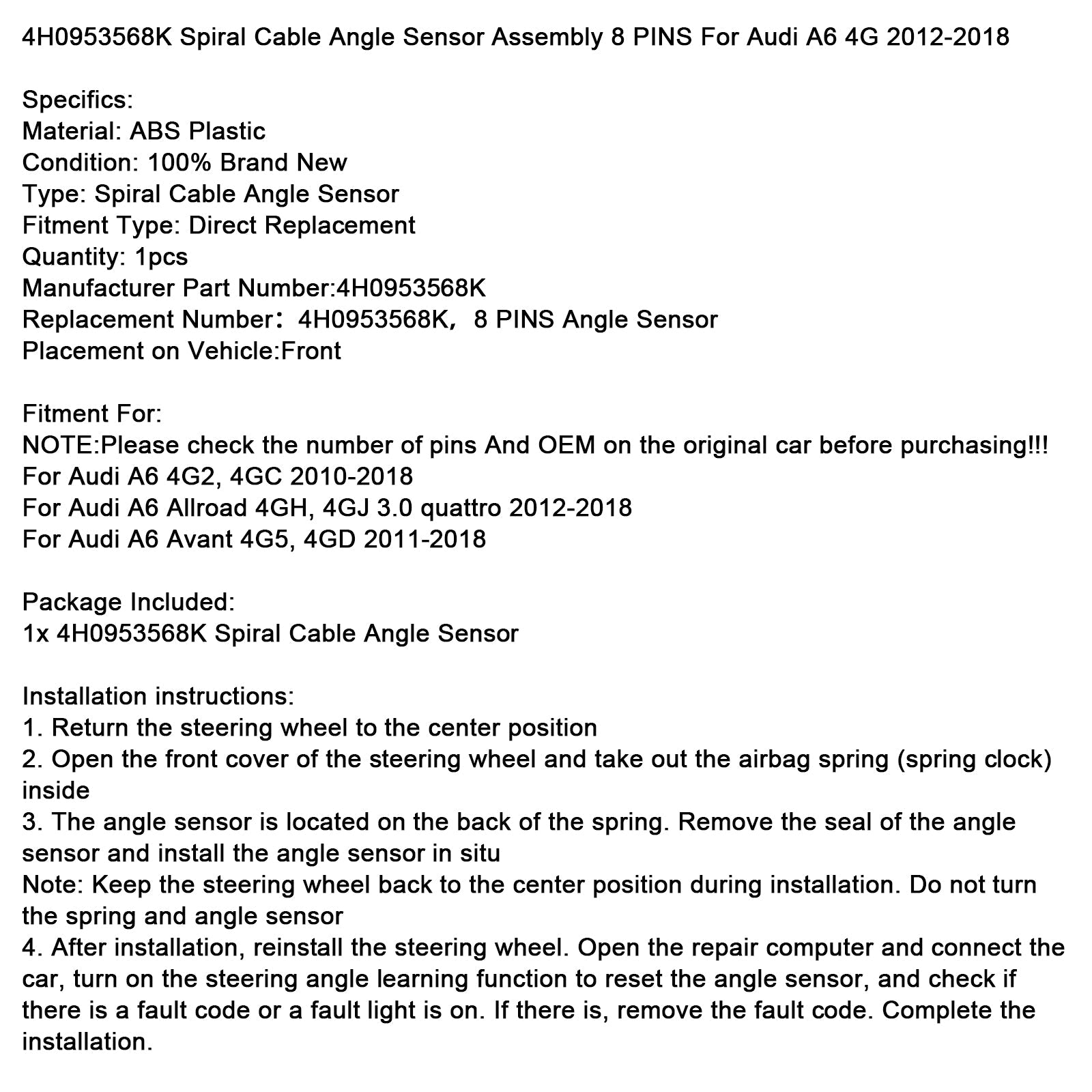 Kabel czujnika spiralnego&Kąt 8-pinowy 4H0953568K do Audi A6 Avant 4G5, 4GD (2011-2018)