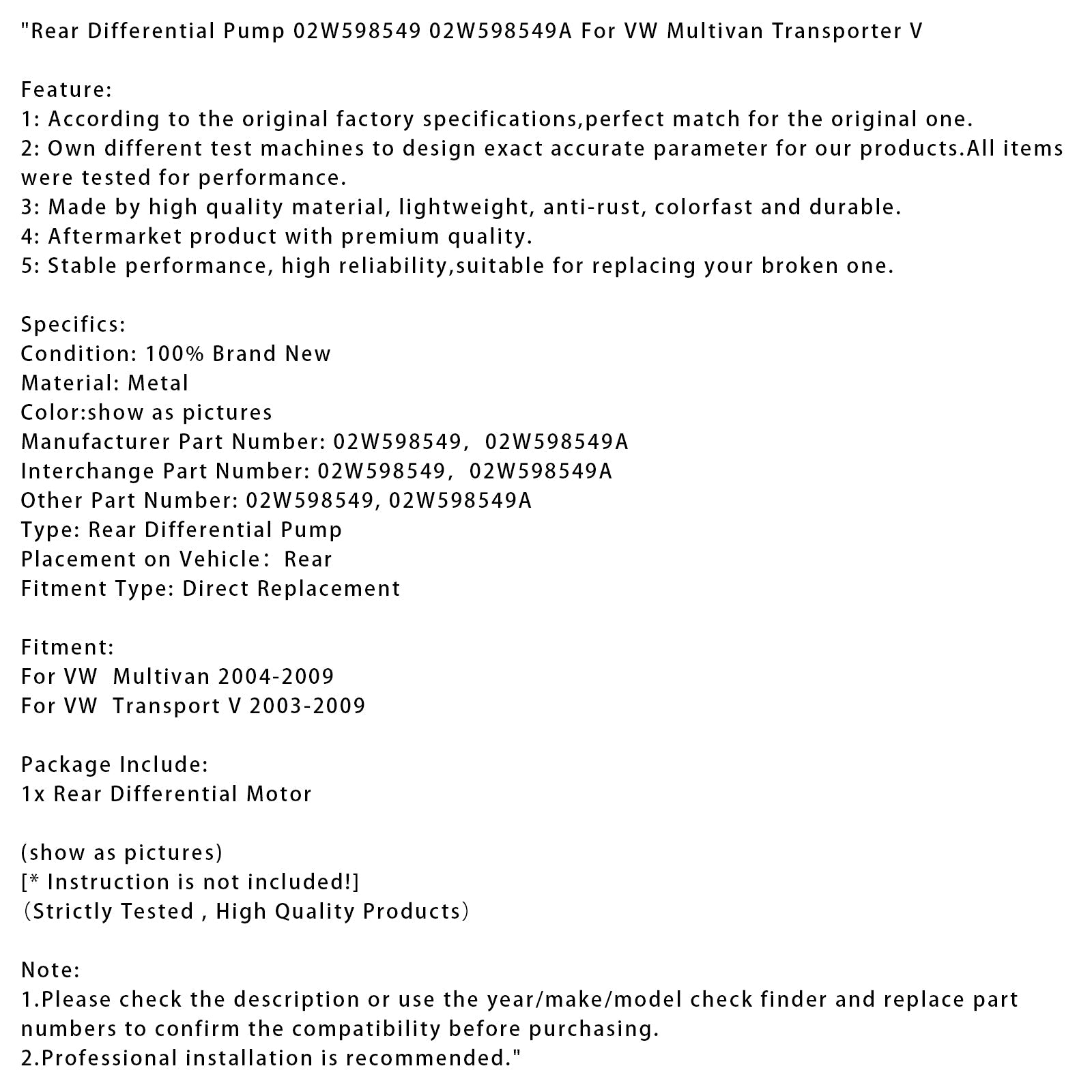 Pompa differenziale posteriore 02W598549 02W598549A per VW Multivan Transporter V
