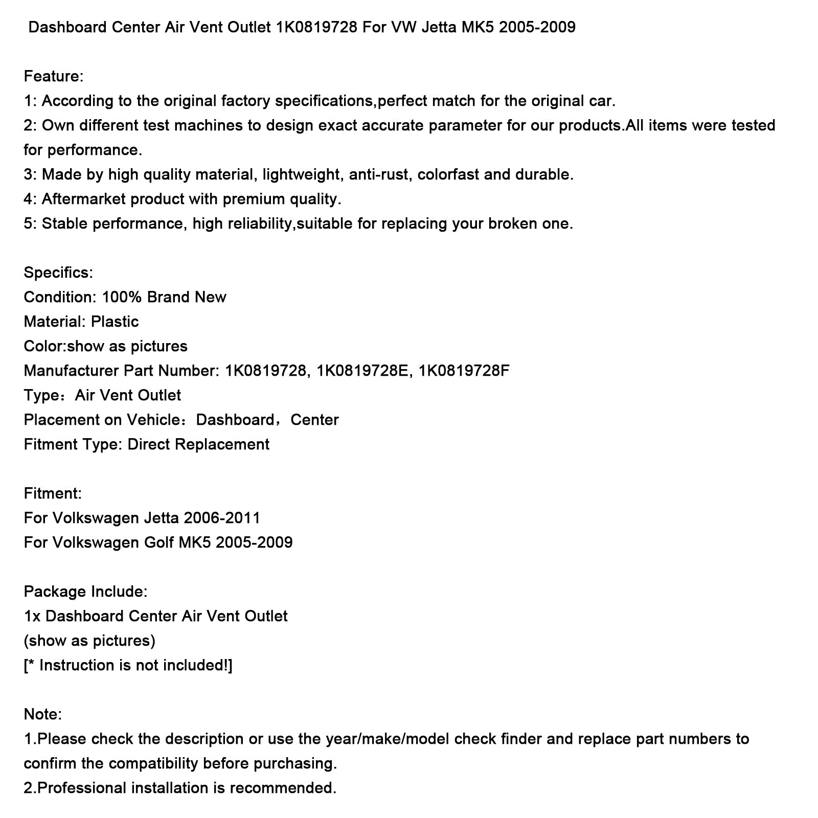 Uitgang van'Centraal dashboardventilatierooster 1K0819728 voor VW Jetta MK5 2005-2009