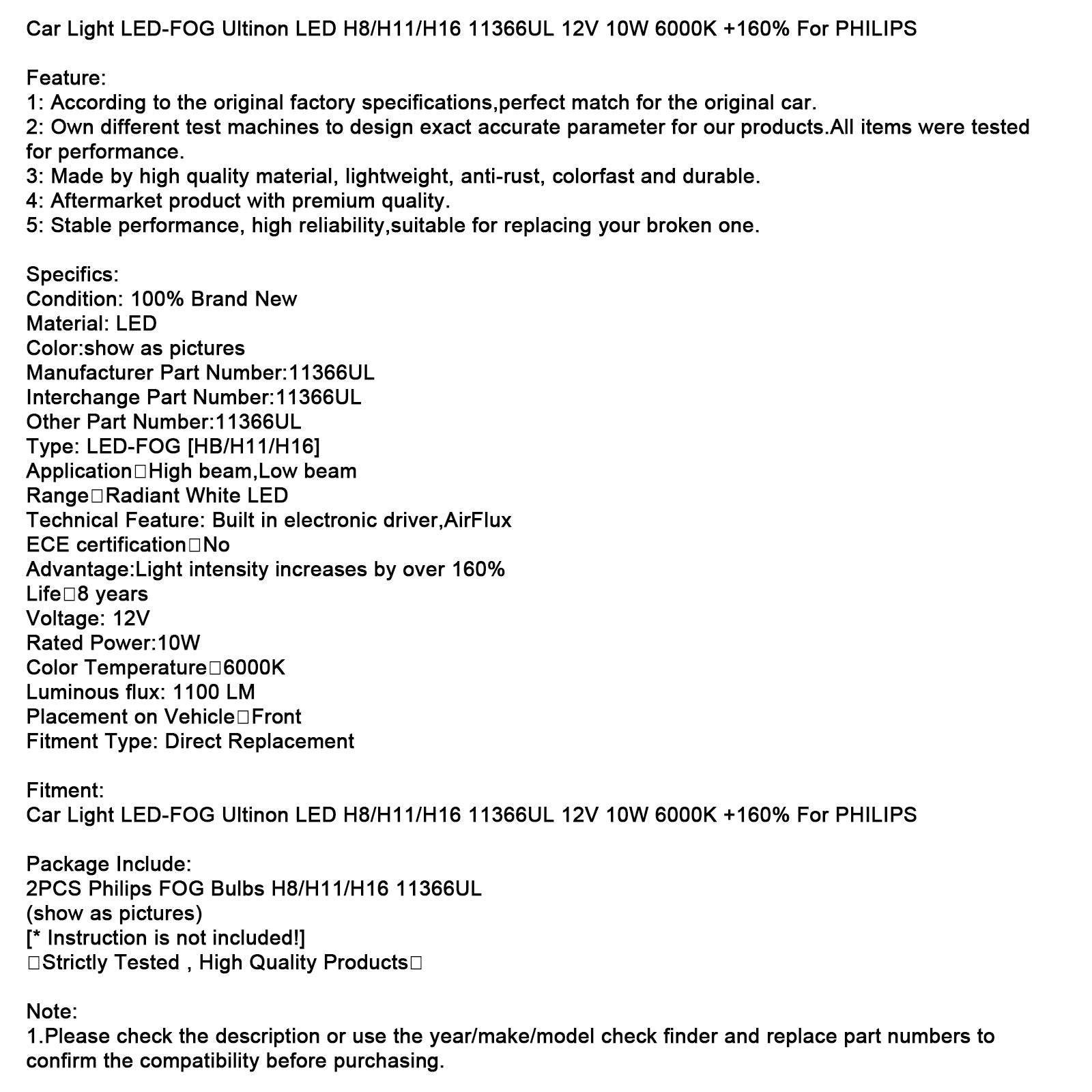 Ultinon LED LED LED H8/H11/H16 11366UL 12V 10W +160% voor Philips