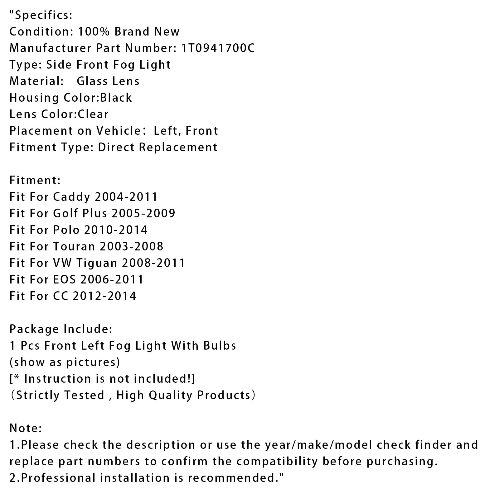 1 lewe przednie światło mgły dla Volkswagen Polo 2010-2014 i Tiguan 2008-2011