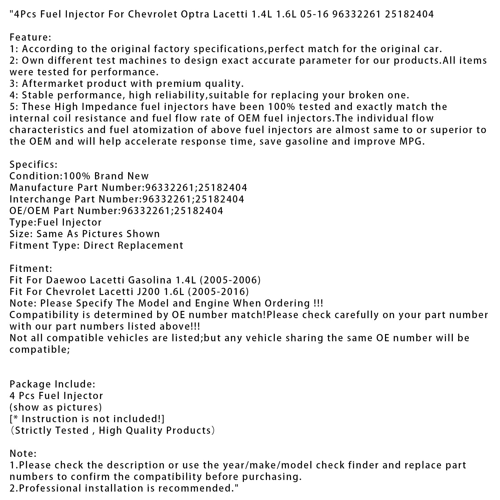 4 injecteurs de carburant pour Chevrolet Optra Lacetti 1.4L 1.6L 05-16 96332261 25182404