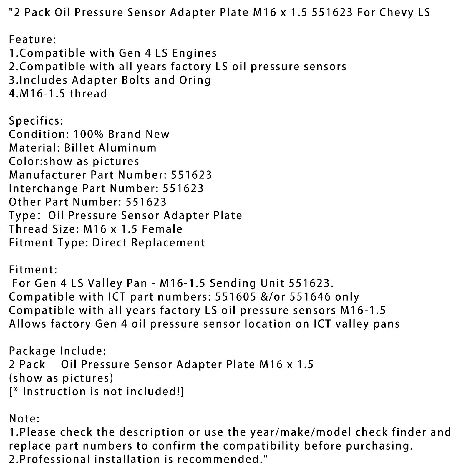 Paquete de 2 placas adaptadoras de sensor de presión de aceite M16x1.5 551623 para Chevy LS