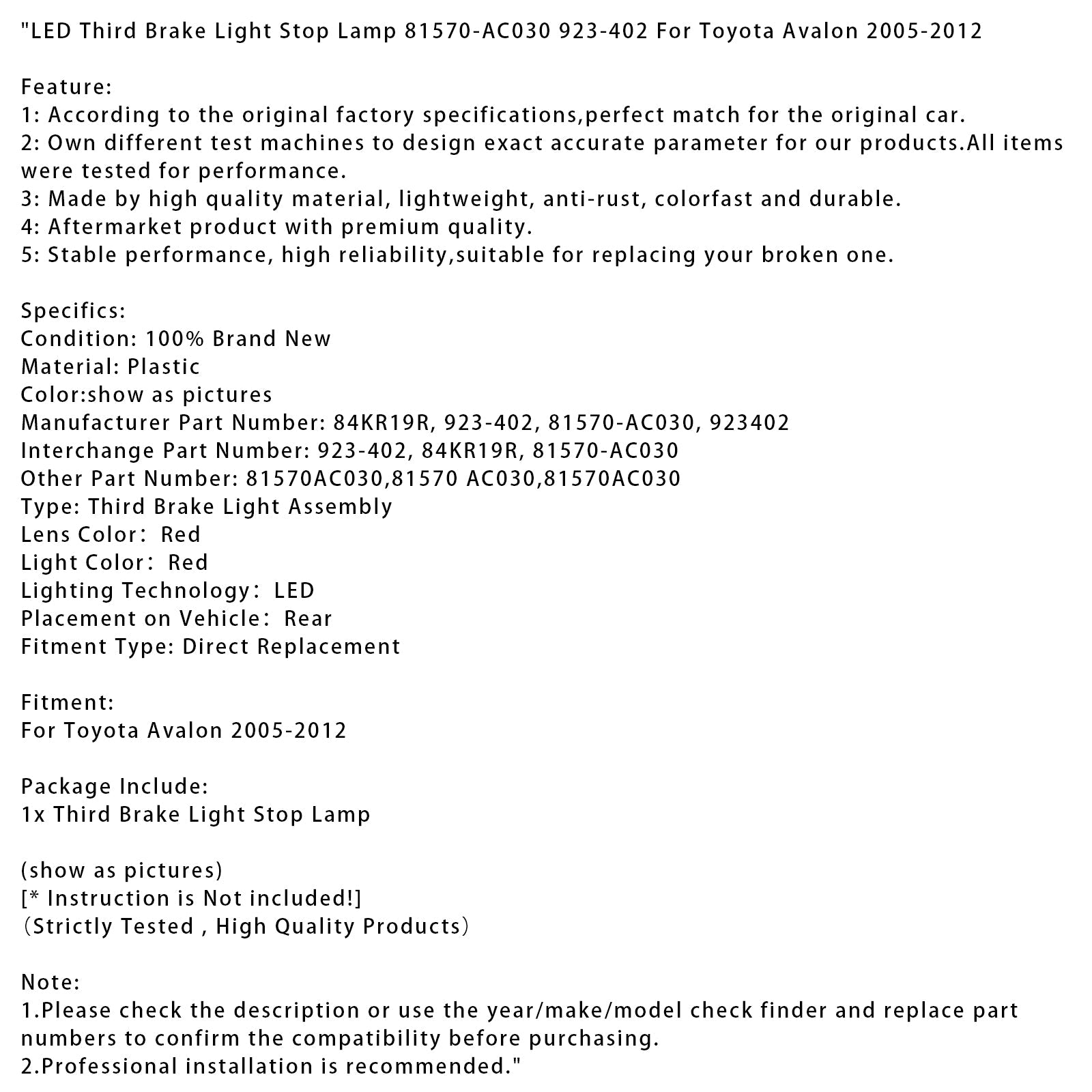 LED Derde Remlicht 81570-AC030 923-402 voor Toyota Avalon 2005-2012