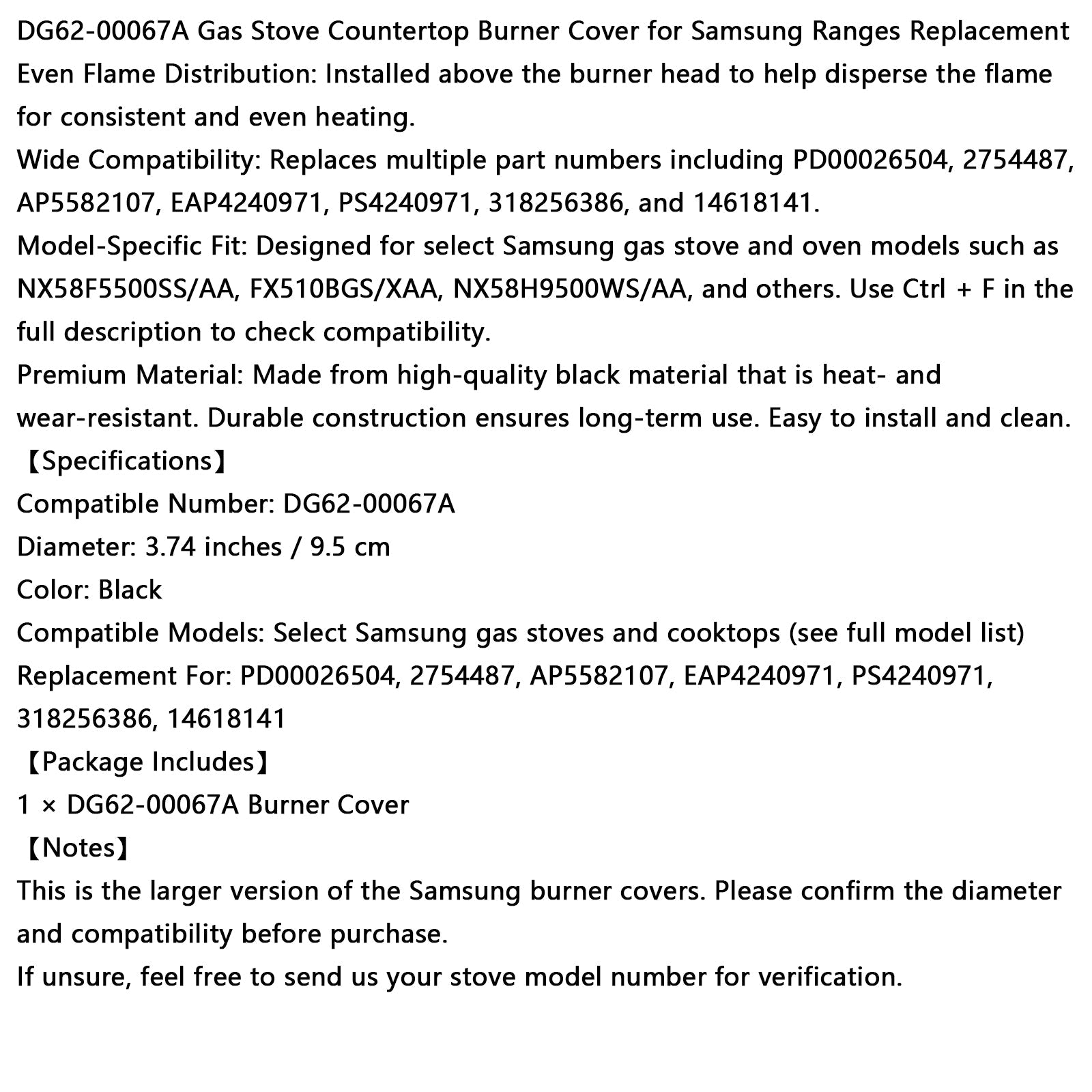 Couvercle de brûleur de comptoir de cuisinière à gaz DG62-00067A pour cuisinières Samsung