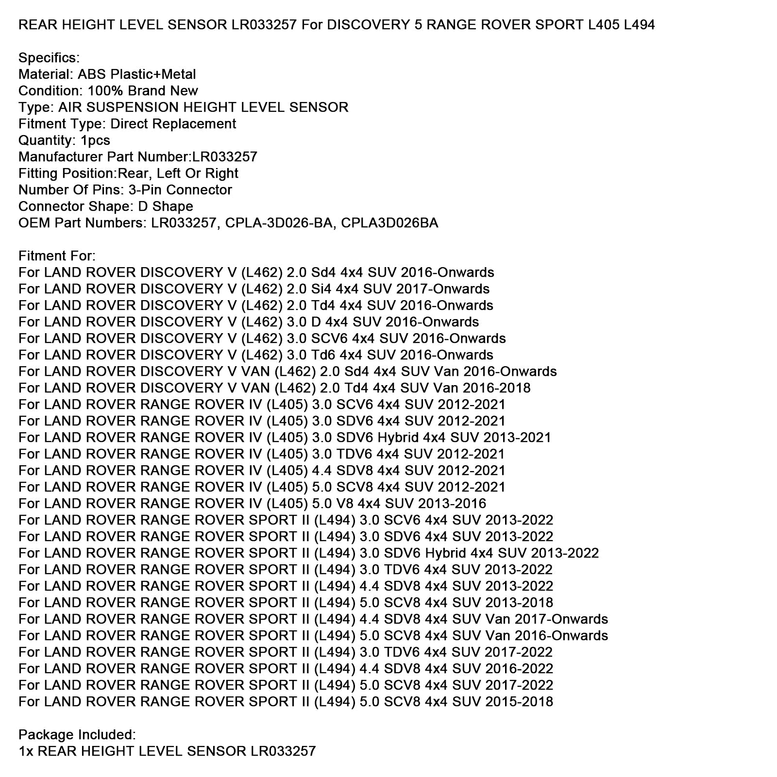 LR033257 Senzor zadnje ravni za odkritje 5 Range Rover Sport L405 L494