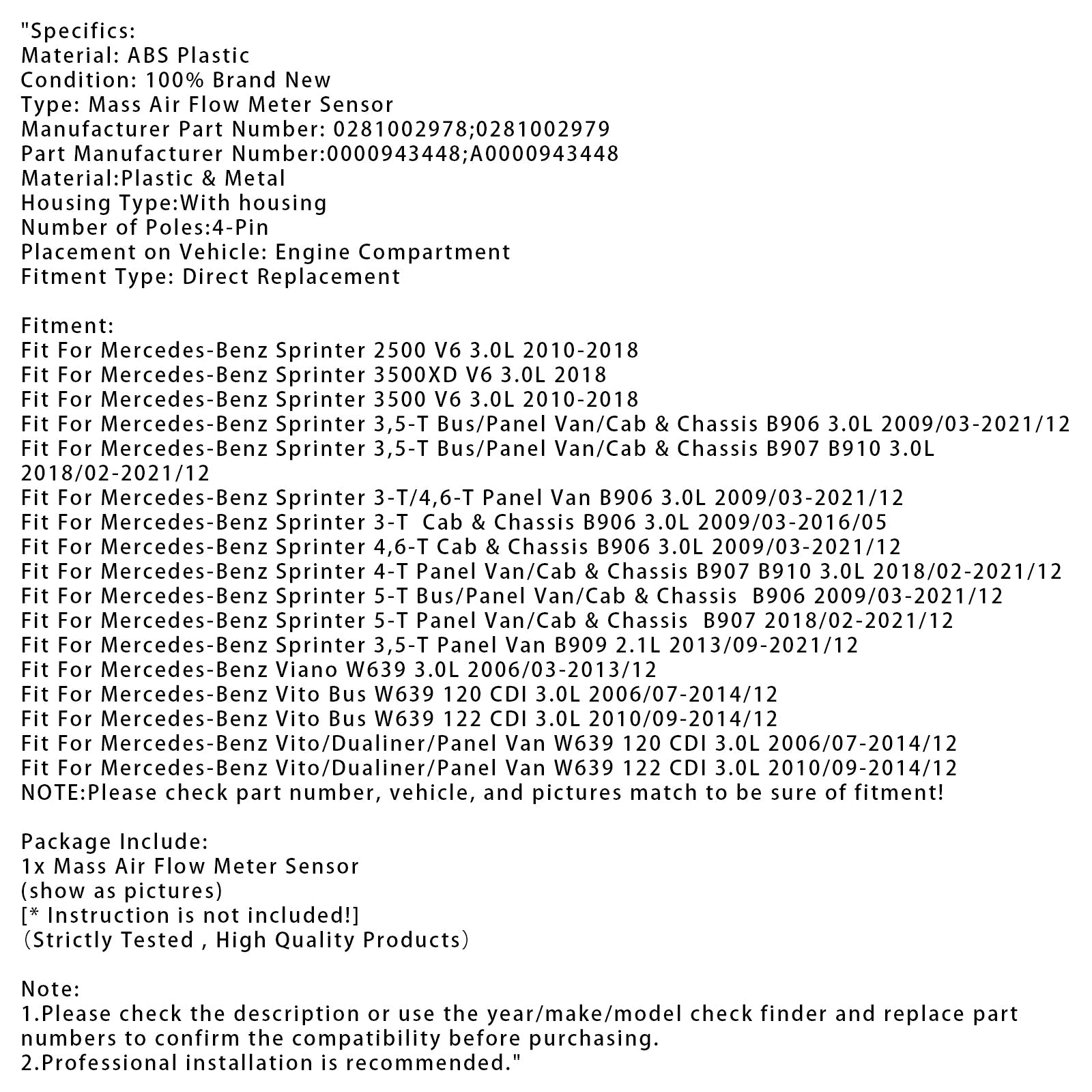 Sensore del misuratore di portata d'massa d'aria per Mercedes Sprinter 2500 3500 3.0L V6 0281002978