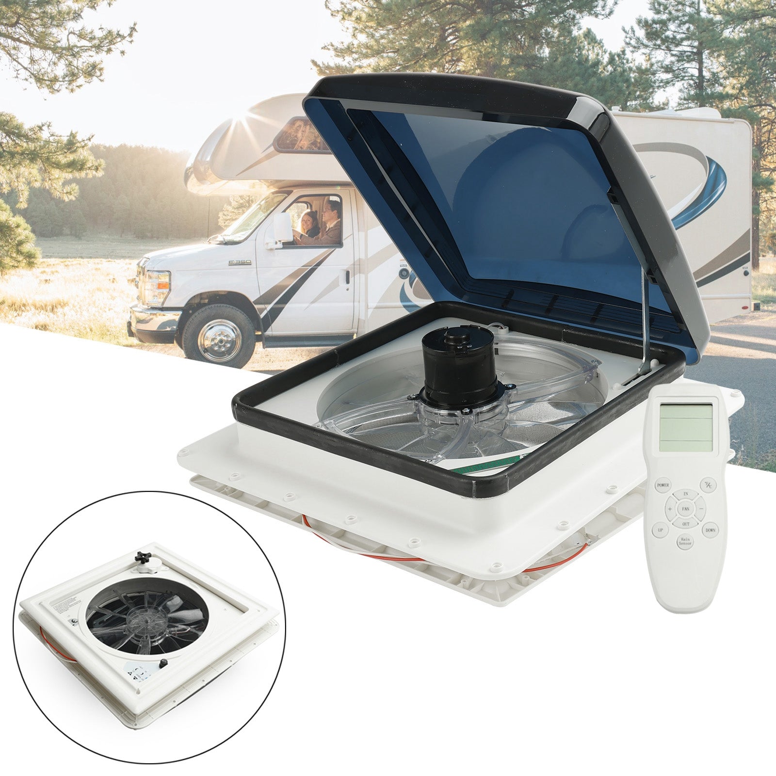 Wentylator dachowy do przyczep kempingowych 15,75 cala z górnym oświetleniem 12 V, pilotem i 10 prędkościami