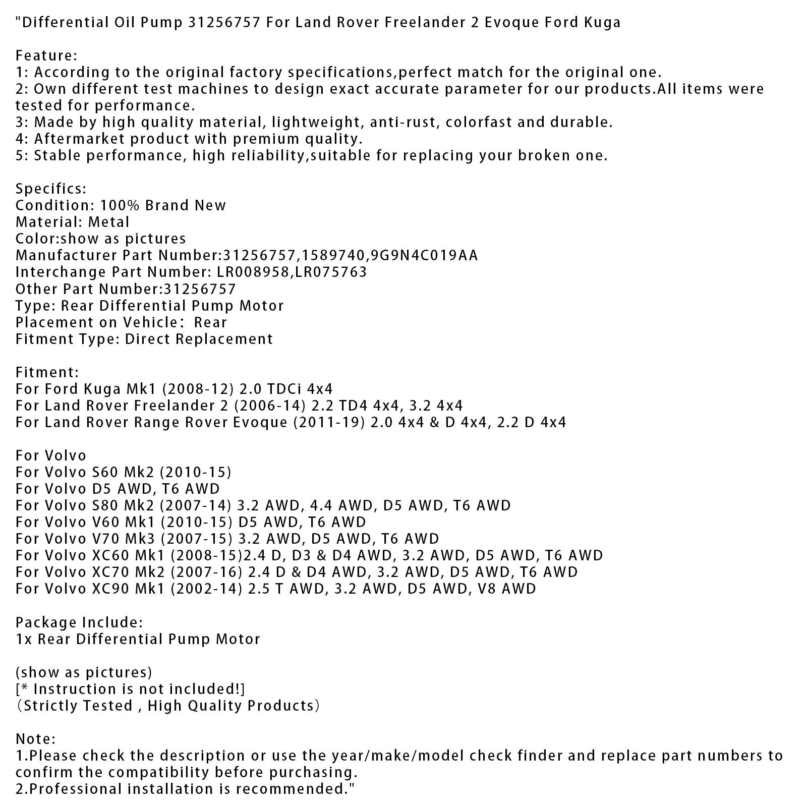 Differentiële oliepomp 31256757 voor Volvo S60 MK2 2010-2015