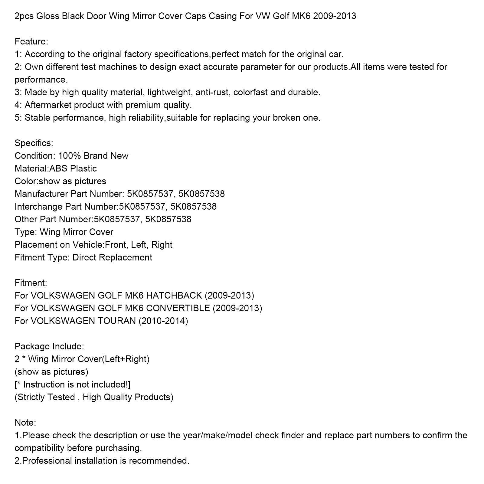 Set van 2 briljante zwarte spiegelsschalen voor VW Golf MK6 2009-2013 5K0857538