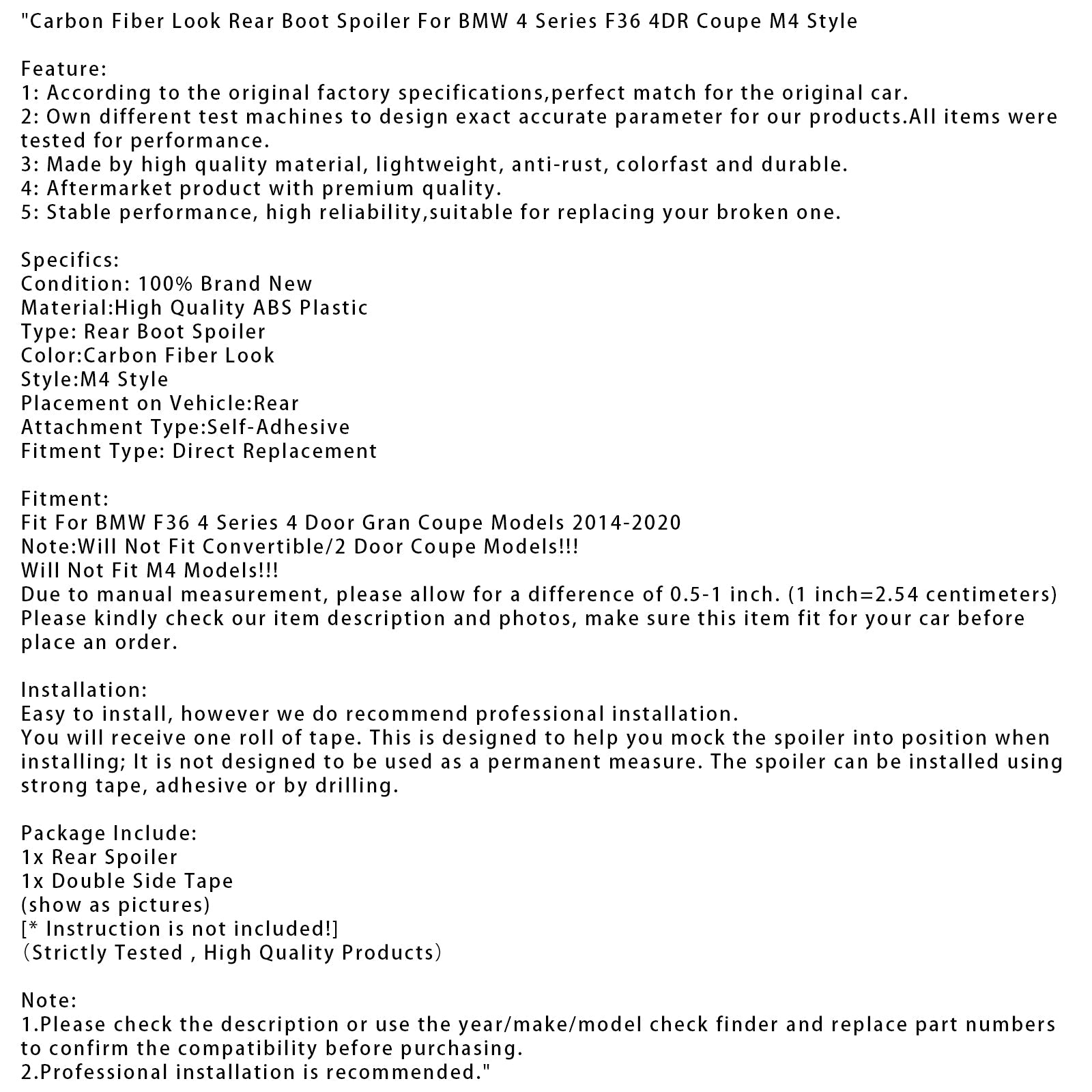 Zadnji spojler prtljažnika z videzom ogljikovih vlaken za BMW serije 4 F36 4DR Coupe M4 style