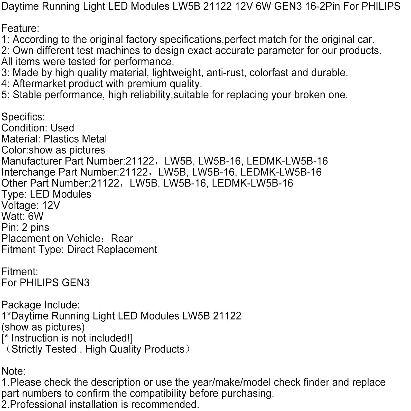 Moduli di luci diurne a LED LW5B 21122 12 V 6 W GEN3 16-2 pin per PHILIPS