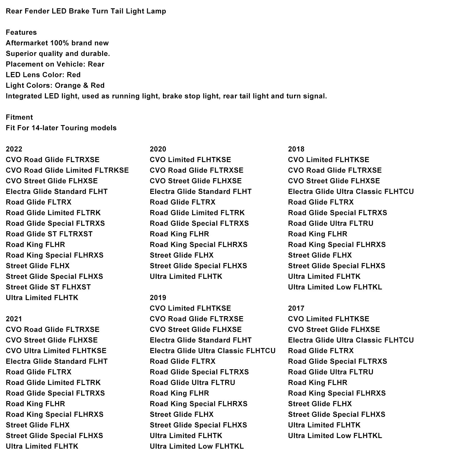 Feu arrière de garde-boue, clignotant et feu stop compatibles avec la Honda Touring Electra Glide 2014-2024